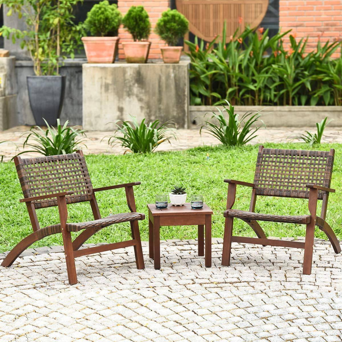 Angle. Hivvago - Solid Wood and Rattan 3-Piece Outdoor Patio Furniture Table Chairs Set - brown.