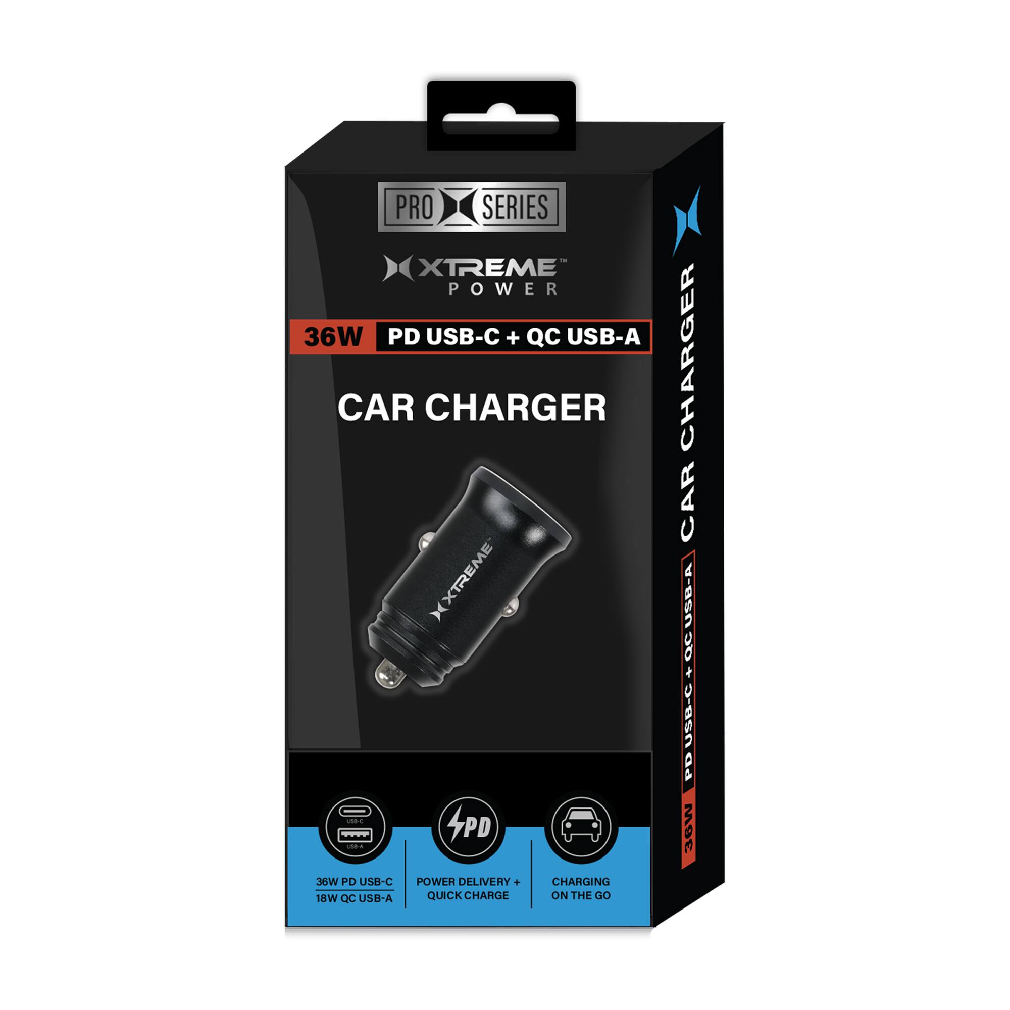 PRO SERIES XTREME POWER 36W PD USB-C + QC USB-A CAR CHARGER XTREME - 4PD: 36W PD USB-C POWER DELIVERY CHARGING 18W QC USB-A QUICK CHARGE ON THE GO