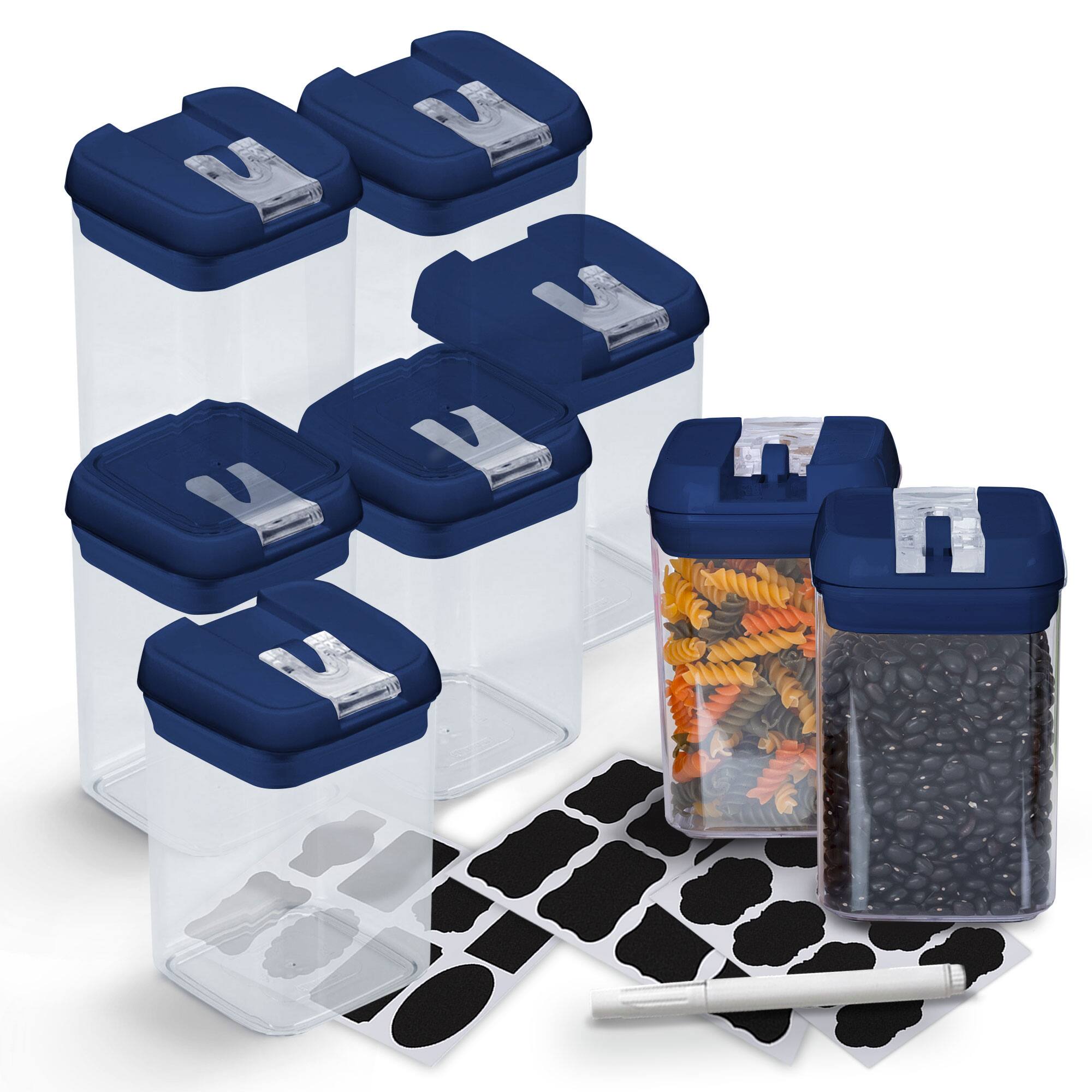 Angle. Cheer Collection - Airtight Food Storage Containers, 8-Piece 28-Ounce Stackable Pantry Set with Flip-Top Lids, Labels and Marker - Navy.