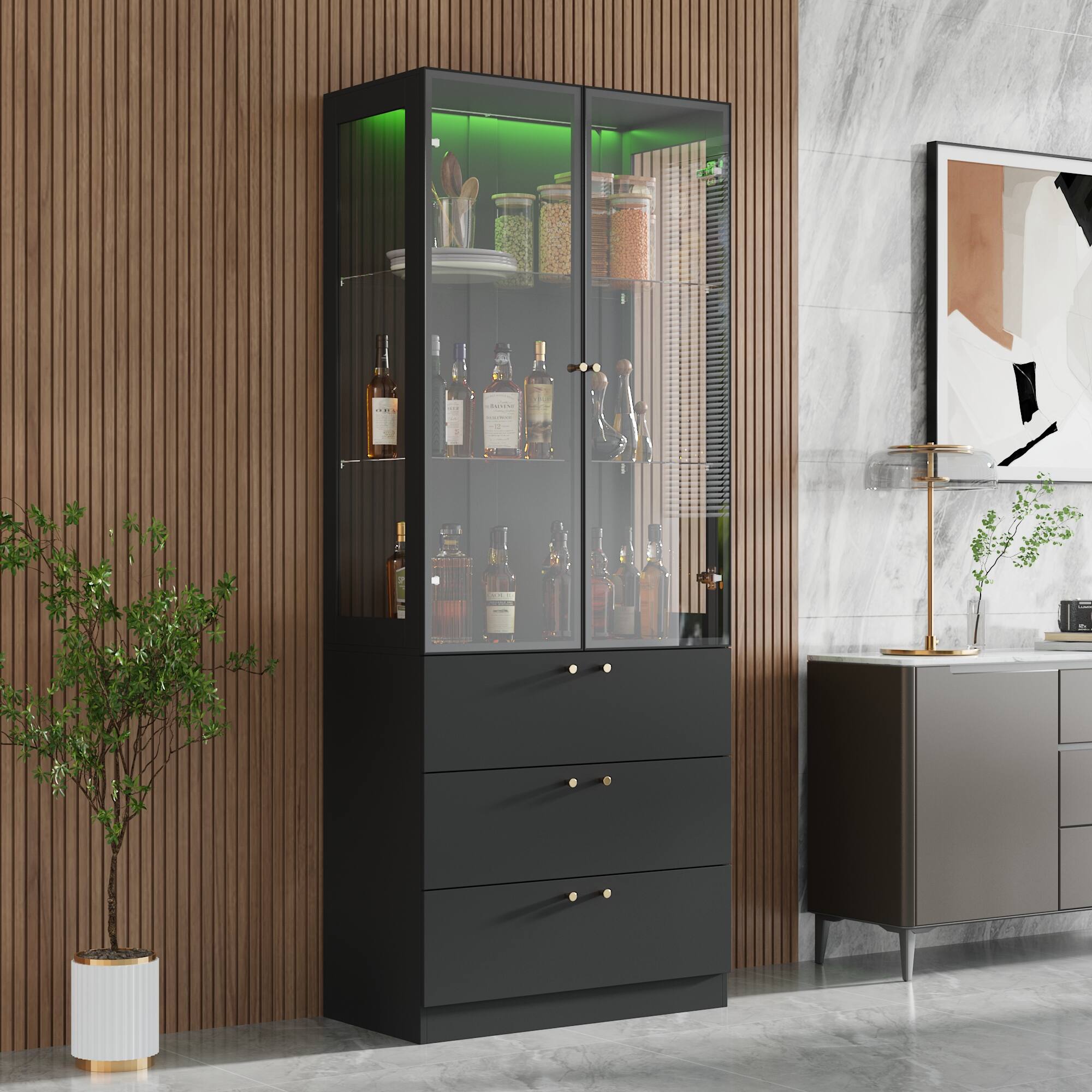Alt View 9. Famapy - Multi-Functional Display Storage Cabinet with Glass Doors, LED Lighting, Adjustable Shelves and Drawers - Black.