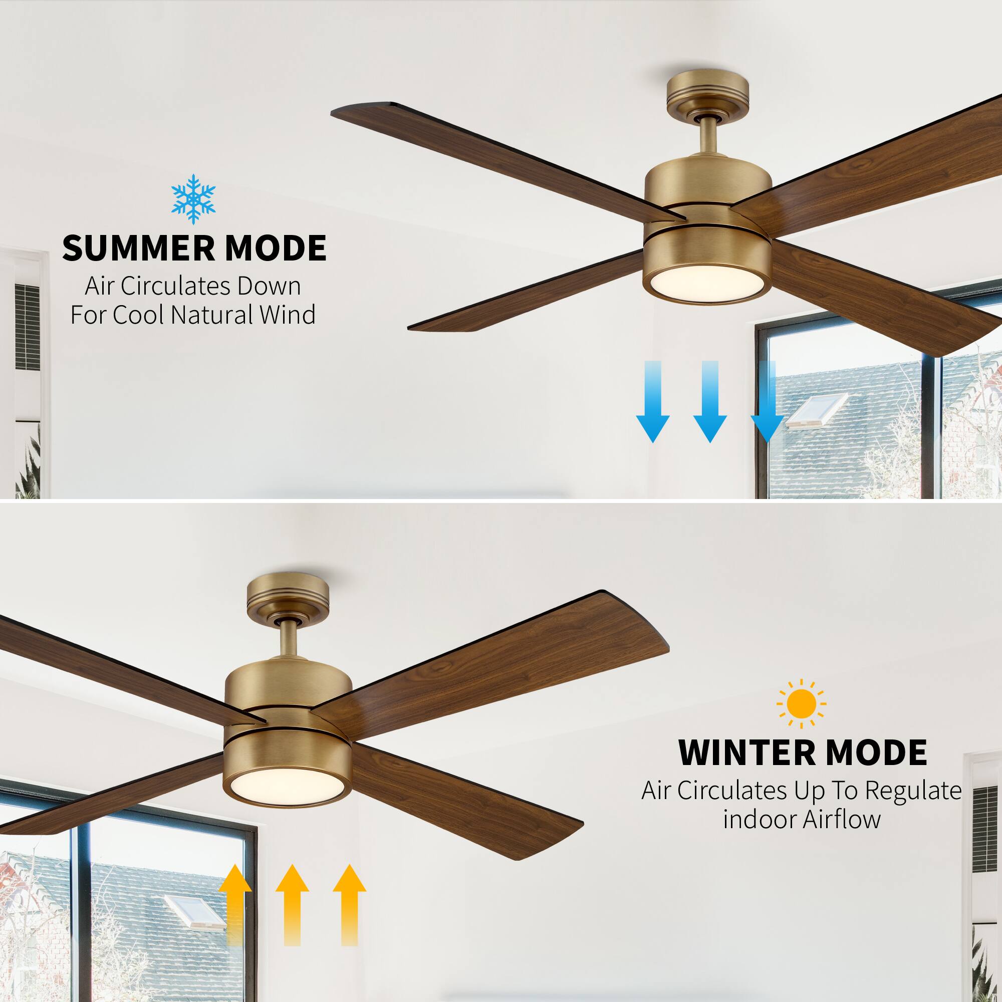 SUMMER MODE  
Air Circulates Down  
For Cool Natural Wind  

WINTER MODE  
Air Circulates Up To Regulate Indoor Airflow
