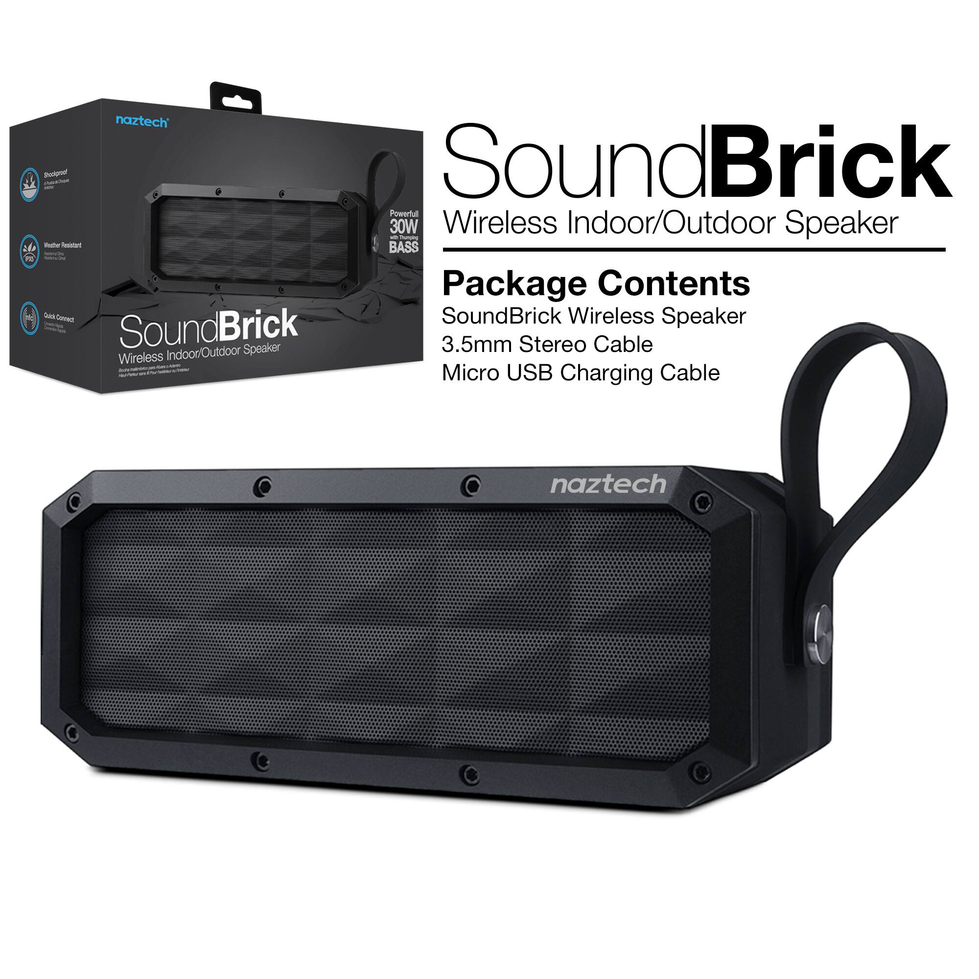 naztech SoundBrick Ptorl i SoundBrick Pwerl 30W Wireless Indoor/Outdoor Speaker - 2d Rutu Seian BASS P Package Contents: SoundBrick Wireless Speaker, 3.5mm Stereo Cable, Micro USB Charging Cable
