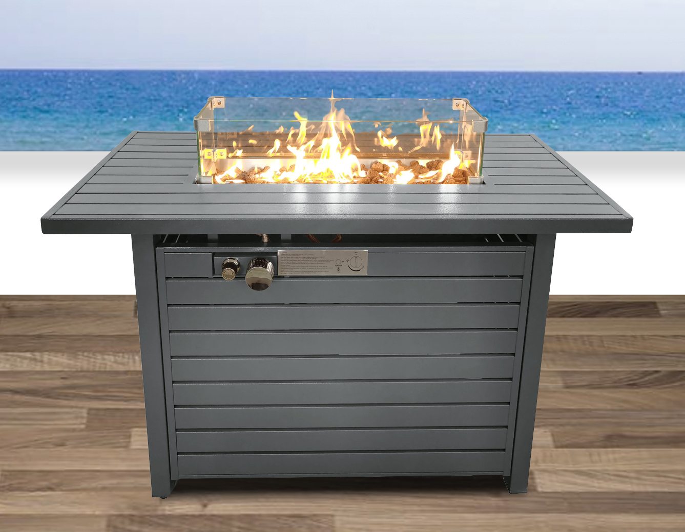 Angle. Spaco - 11'' H x 42'' L Steel Propane Outdoor Fire Pit Table with Lid - Gray.