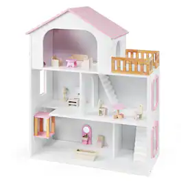 Costway - 3-Story Doll House with 5 Rooms and Furniture Accessories, Pretend Play Toy - Pink