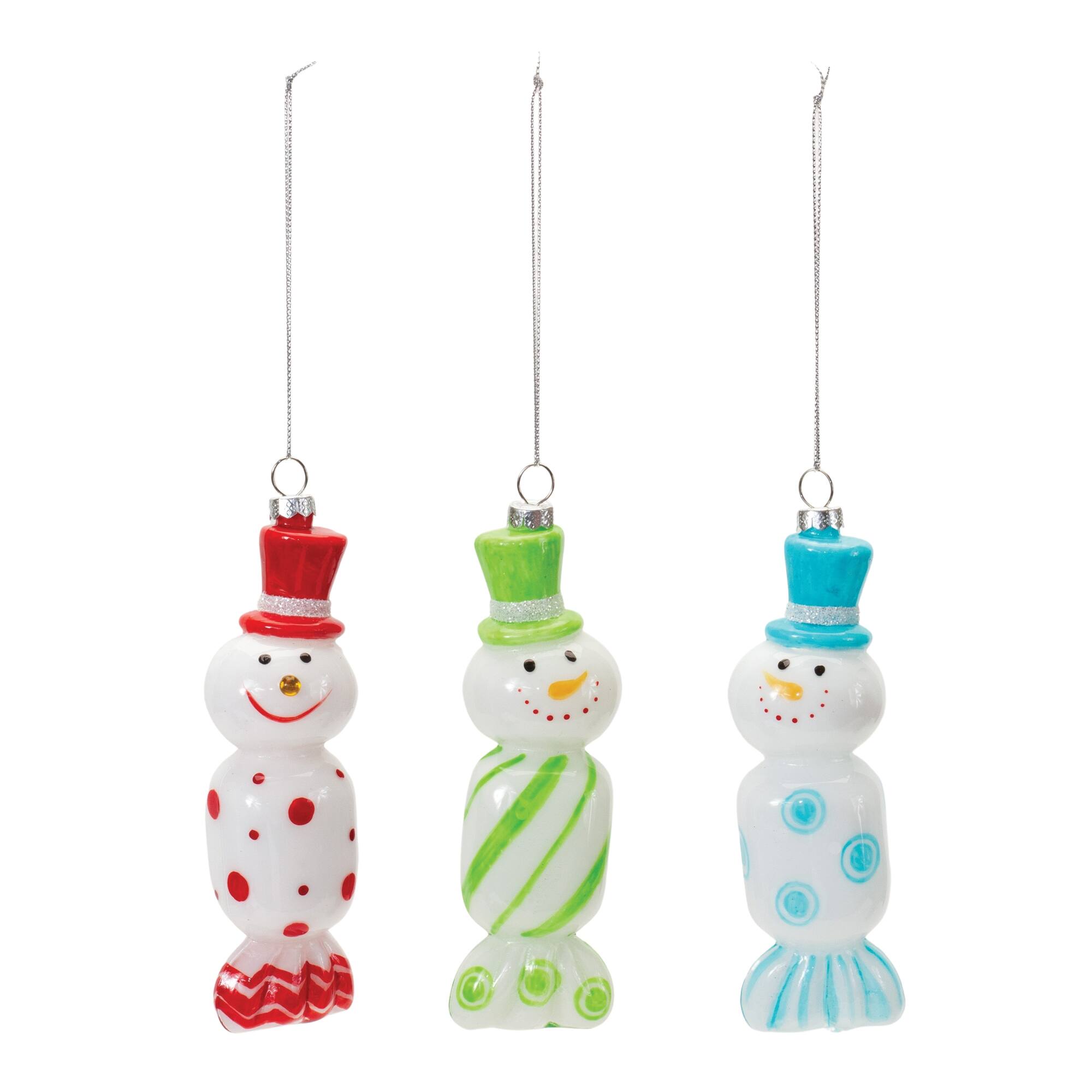 Angle. BreeBe - Glass Snowman Candy Ornament (Set of 12) - Green, Red, Blue.