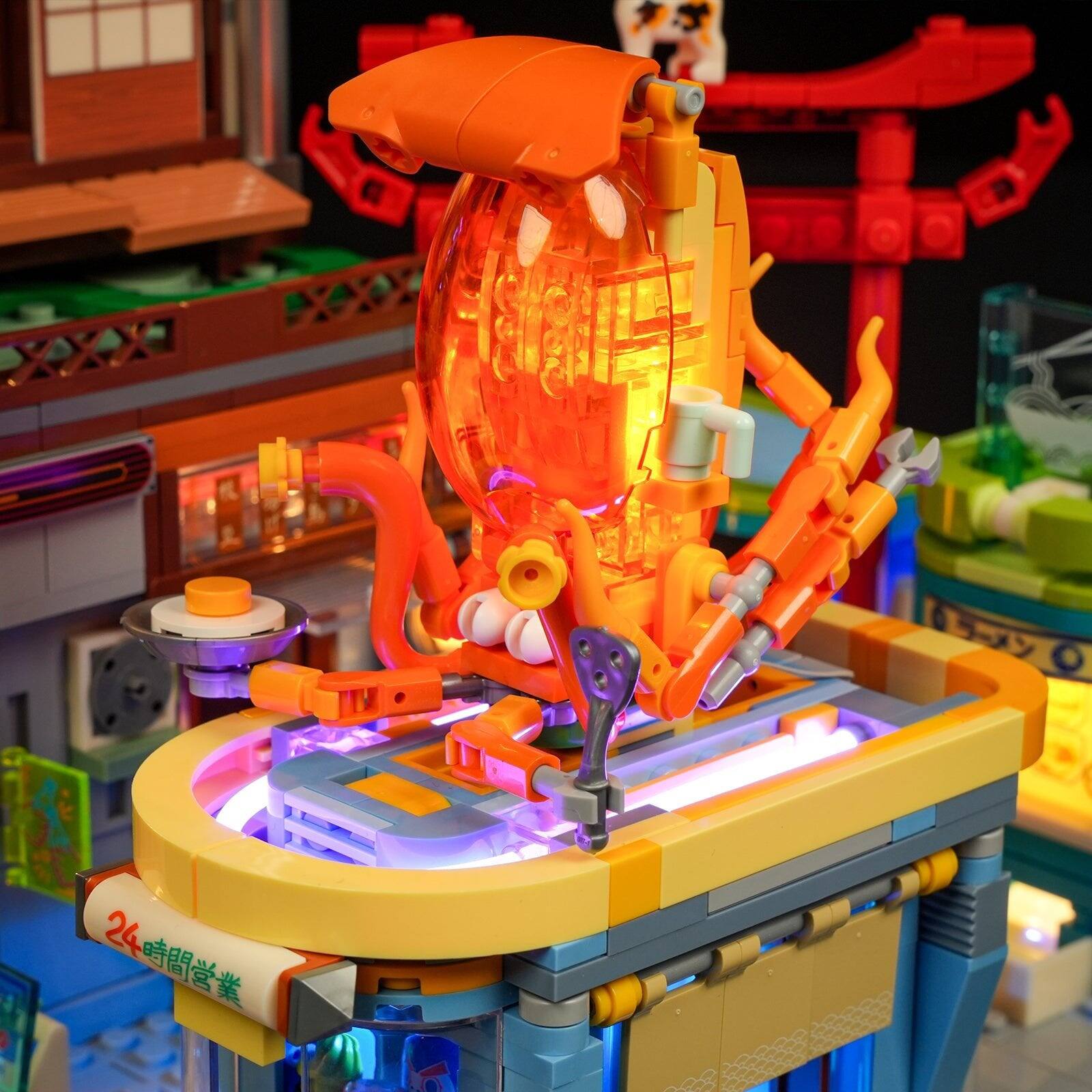 Left. Lumibricks - Cyberpunk Japanese Izakaya Lighting Building Set, 1987 Pieces LED Sci-Fi Display Model for Ages 16+.