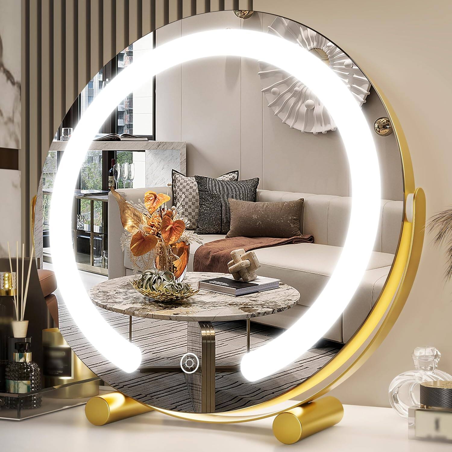 Stamp n Camp - FENNIO Vanity Mirror with Lights, 17"x15" LED Lighted Makeup Mirror, Large Touch Sensor 3-Color Lighting, Dimmable for - Gold-13"L x 13"W