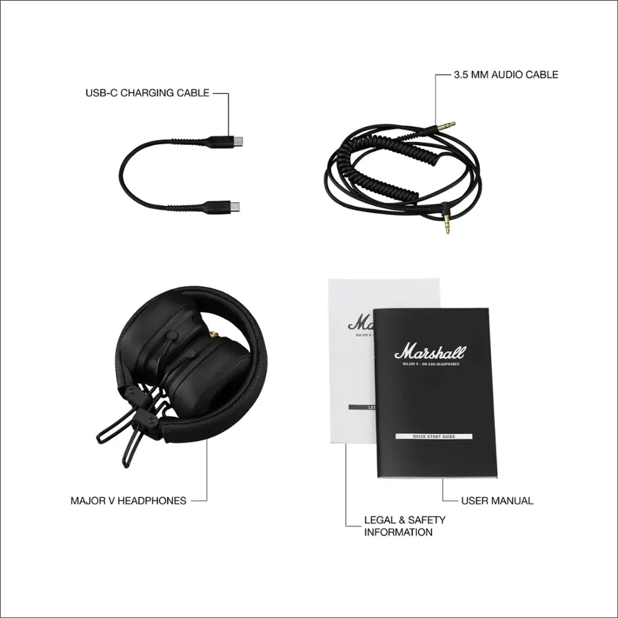 1. USB-C charging cable
2. Marshall Major II headphones
3. Marshall Major II headphones user manual
4. Marshall Major II headphones legal & safety information
