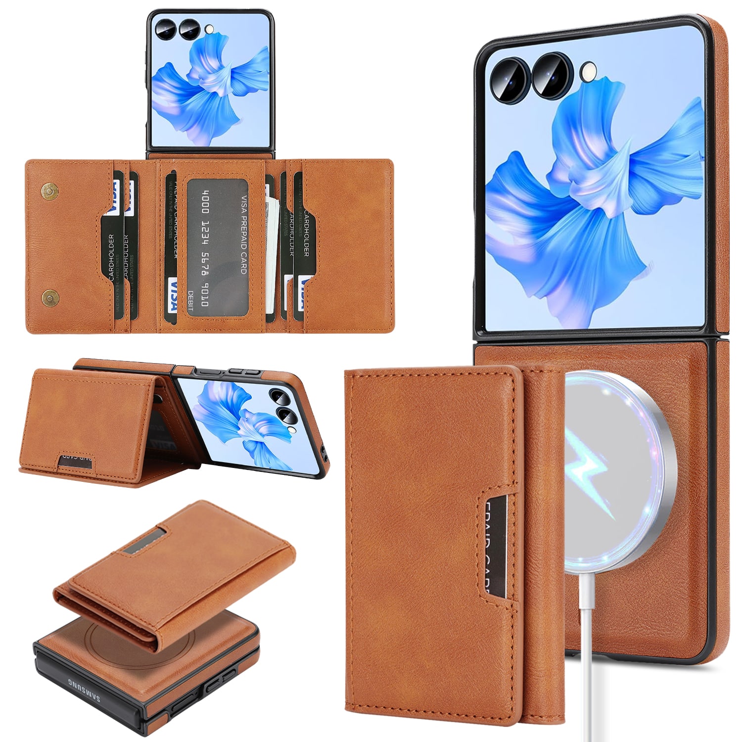 Dteck - Detachable Wallet Case for Samsung Galaxy Z Flip7,Premium PU Leather Flip Card Holder Stand Shockproof Mag Safe Cover - Brown