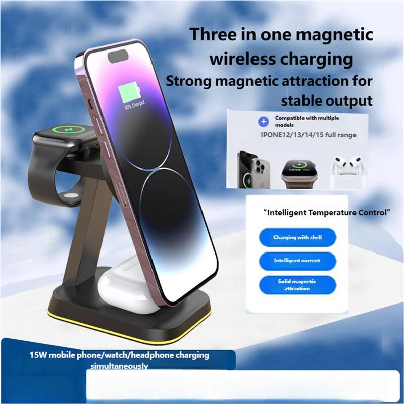 Three in one magnetic wireless charging  
Strong magnetic attraction for stable output  

Compatible with multiple models: IPHONE12/13/14/15 full range  

"Intelligent Temperature Control"  
- Charging with shell  
- Intelligent current  
- Solid magnetic attraction  

15W mobile phone/watch/headphone charging simultaneously