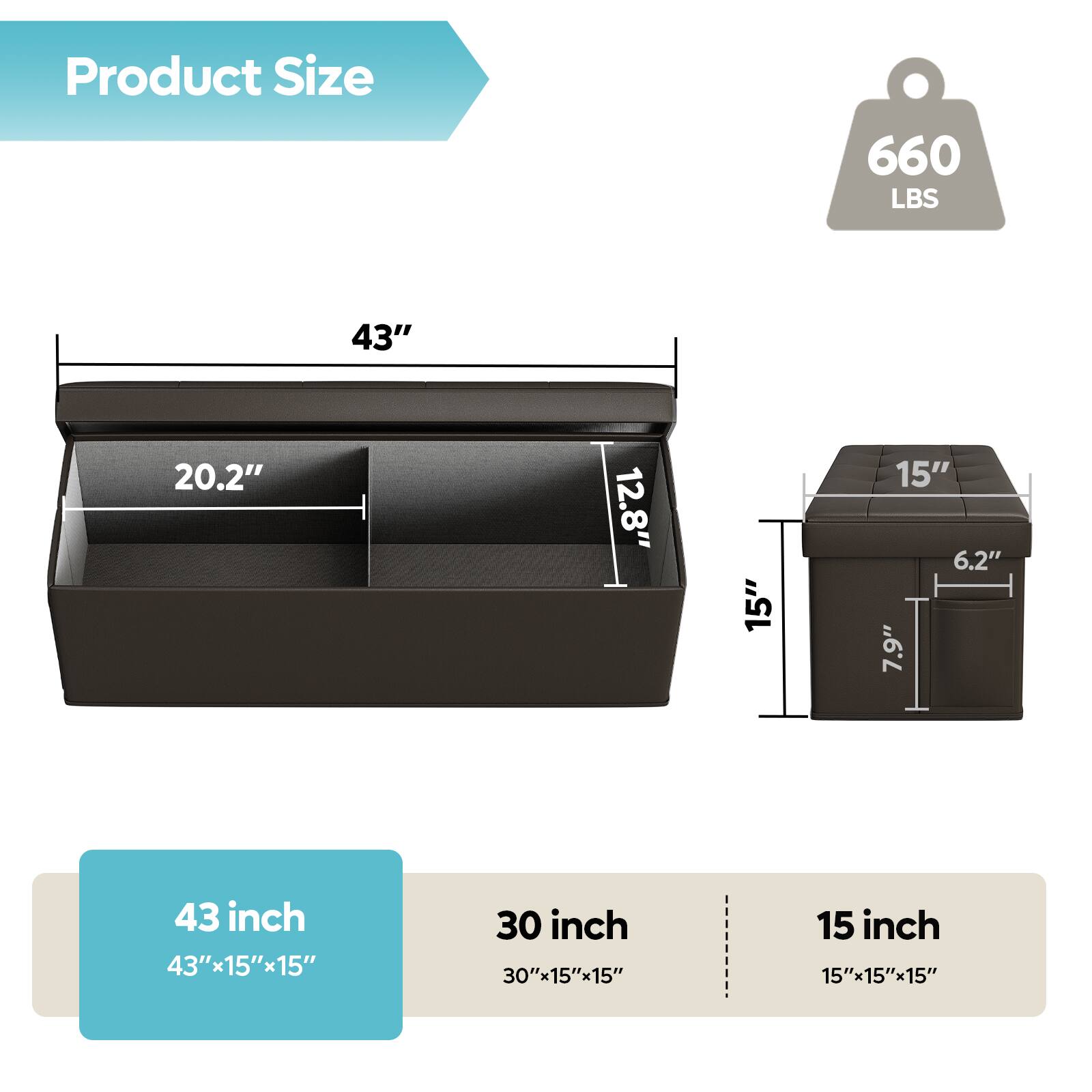 Product Size: 660 LBS

43 inch: 43"x15"x15"
30 inch: 30"x15"x15"
15 inch: 15"x15"x15"