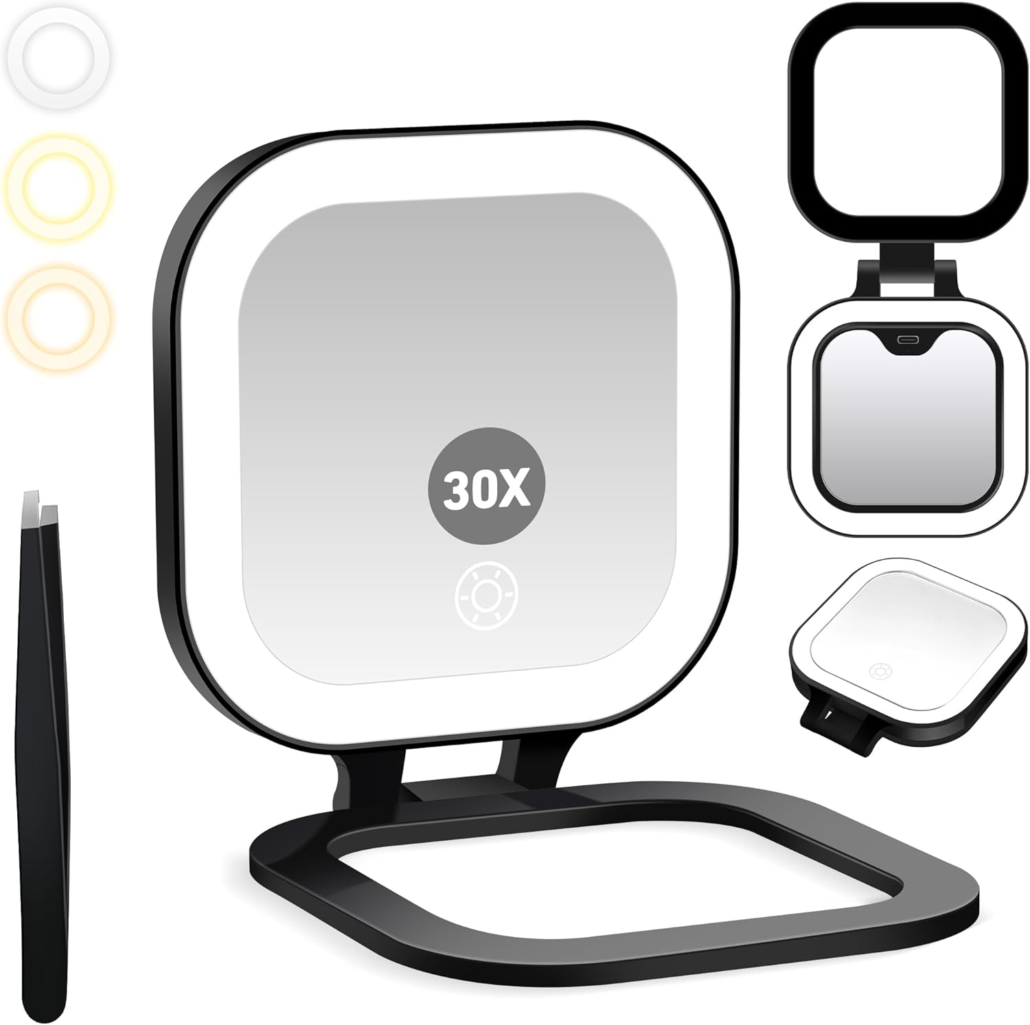 Stamp n Camp - Travel Mirror with Light, 1x/30x Magnifying 3 Color Lights and Adjustable Brightness, 4.5x3.9 inch Small Compact Hand - Black