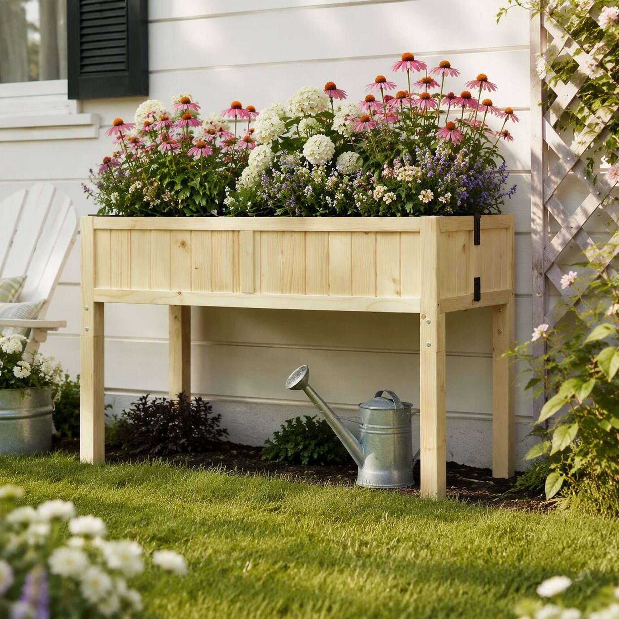 Angle. RYHNUYNE - Elevated Wooden Raised Garden Bed with Folding Fir Wood Planter Box for Patio, Balcony, and Outdoor Use - Natural.