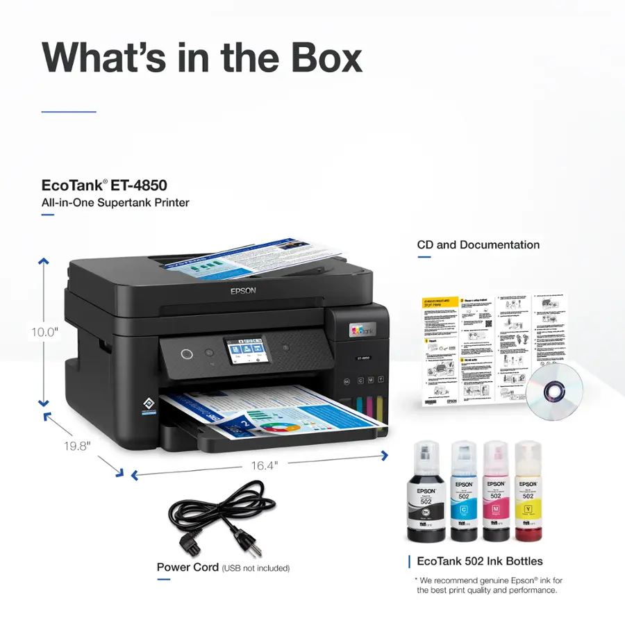 What's in the Box: EcoTank ET-4850 All-in-One Supertank Printer with CD and Documentation