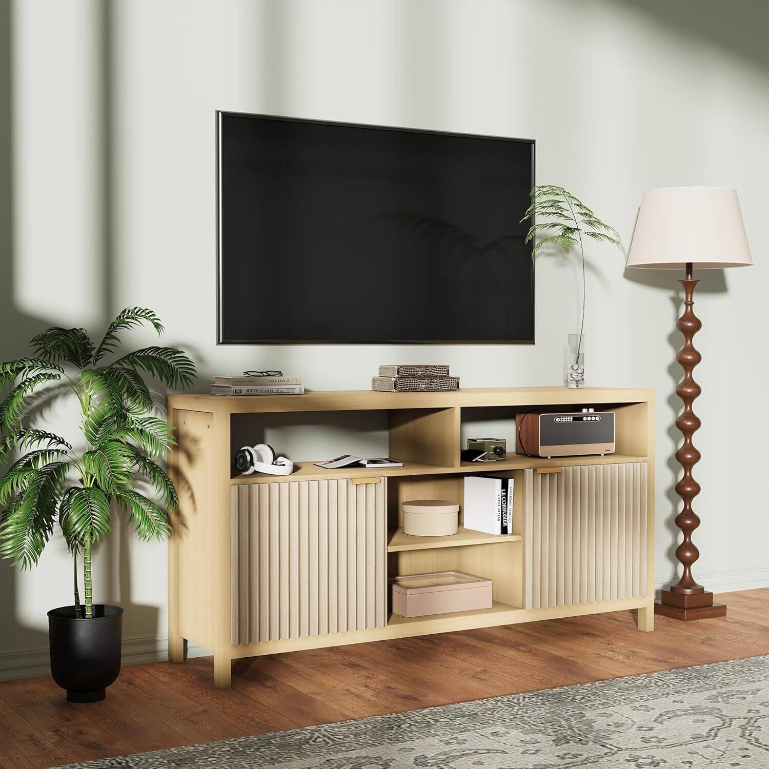 Front. Acekool - 59" Modern Entertainment Center Fluted TV Stands for Living Room, Oak - Oak.