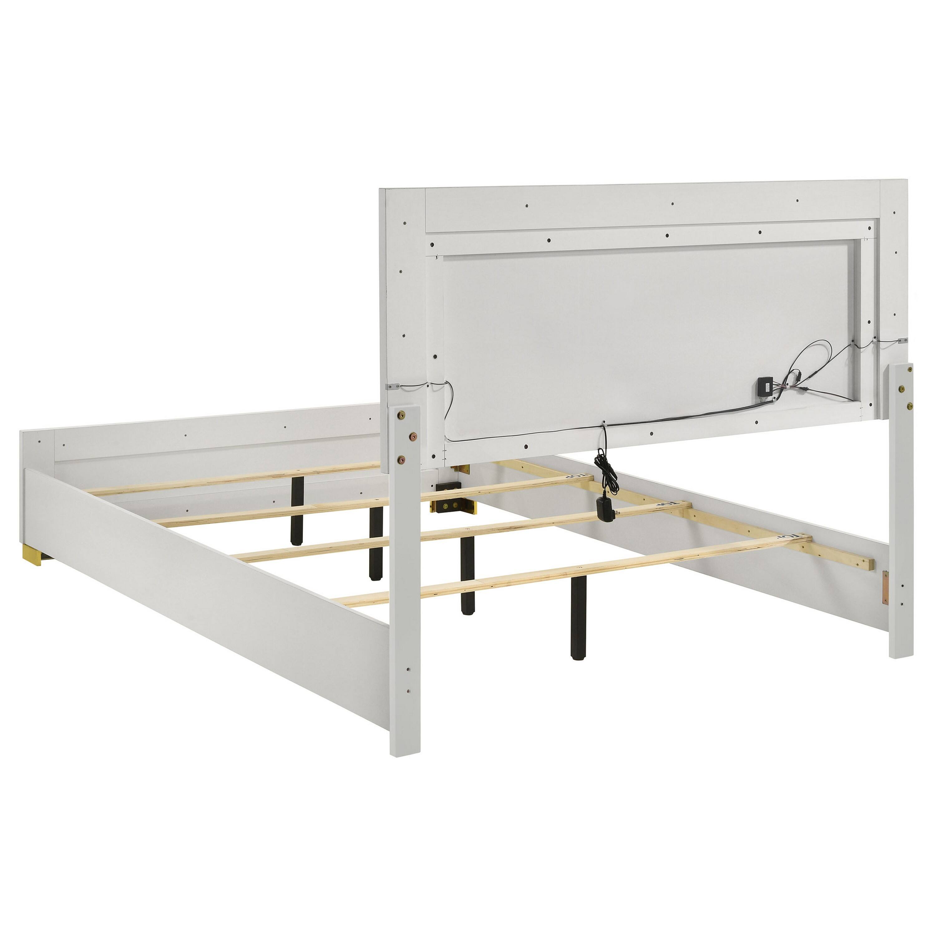 Left. Manhattan Lane - Dex Full Size Bed with LED Framed Headboard, White Wood Finish, Gold Legs - White, Gold.