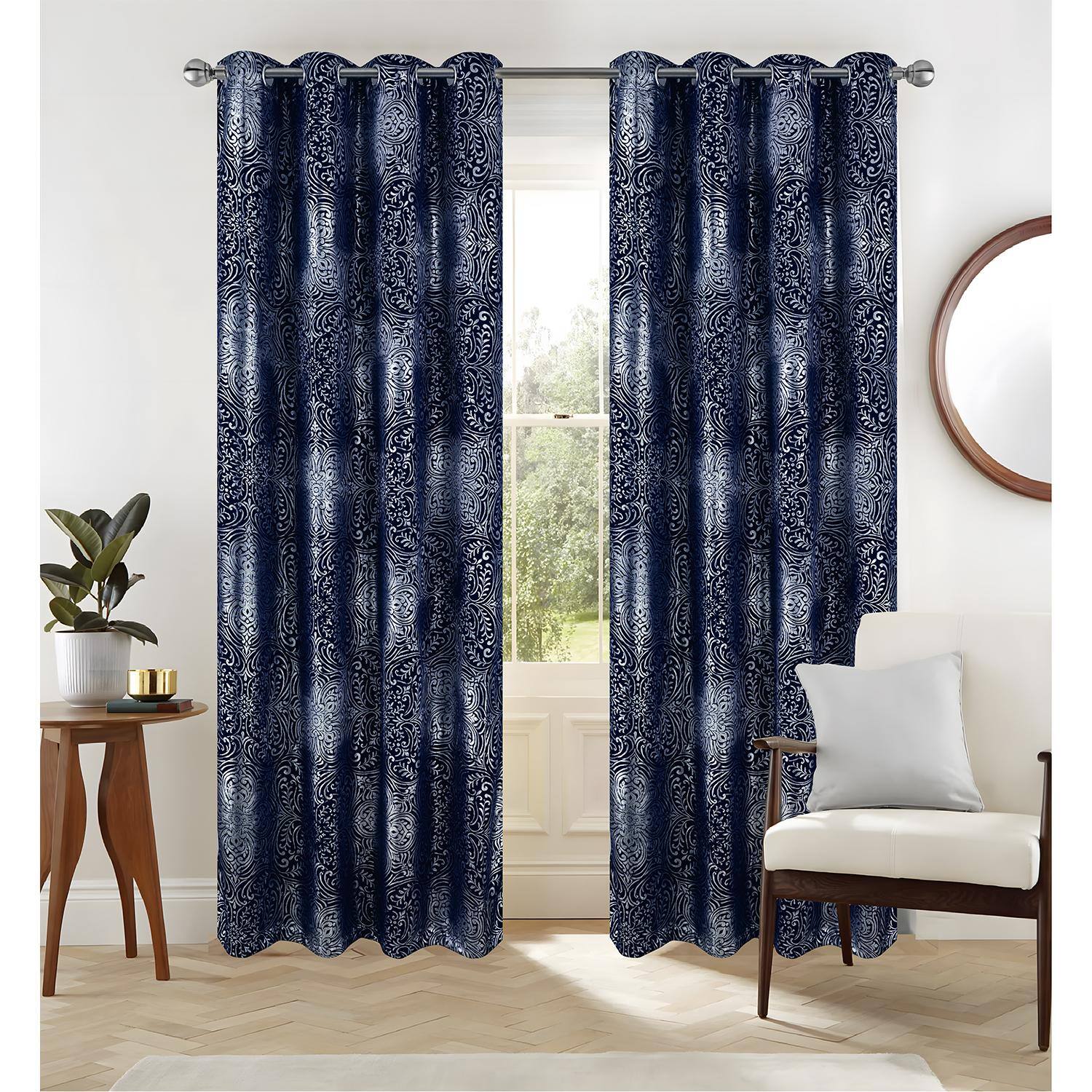 Angle. RT Designers Collection - RT Designer Collection Helena Halo Foil Blackout Luxurious Decorative Grommet Curtain Panel 54" x 90" Navy - Navy Blue.