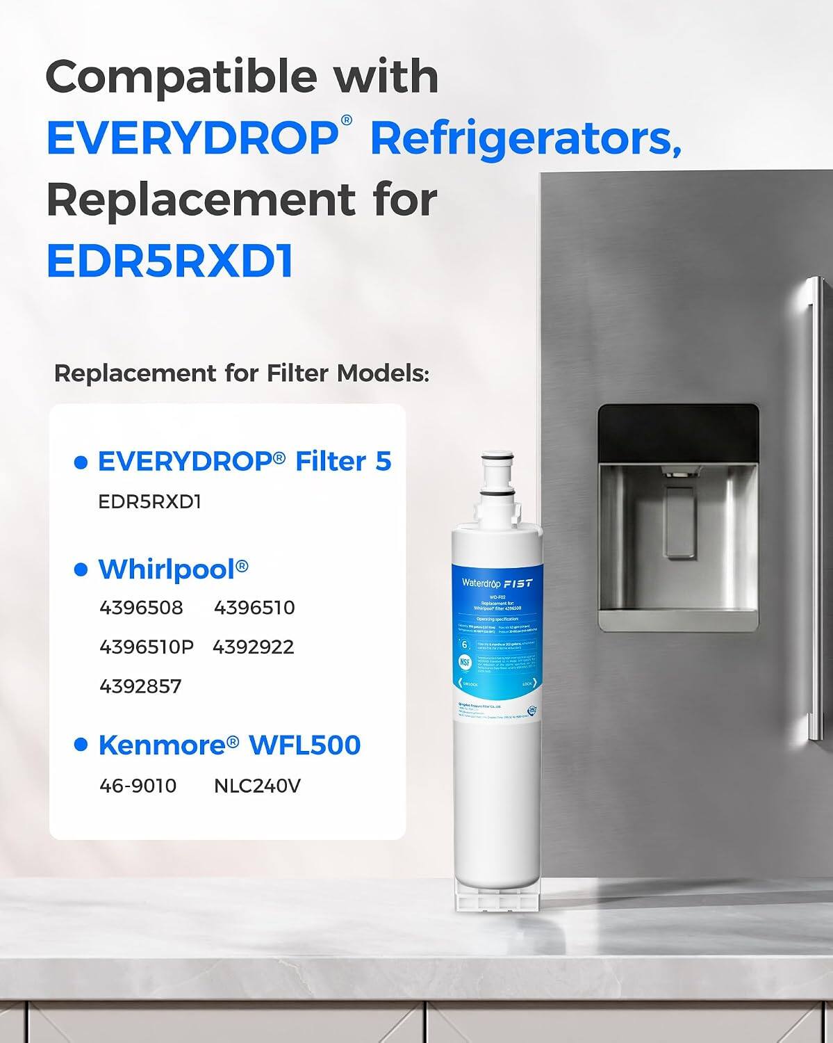 Compatible with EVERYDROP Refrigerators, Replacement for EDR5RXD1

Replacement for Filter Models:
- EVERYDROP Filter 5
  - EDR5RXD1
- Whirlpool
  - 4396508
  - 4396510
  - 4396510P
  - 4392922
  - 4392857
- Kenmore
  - WFL500
  - 46-9010
  - NLC240V