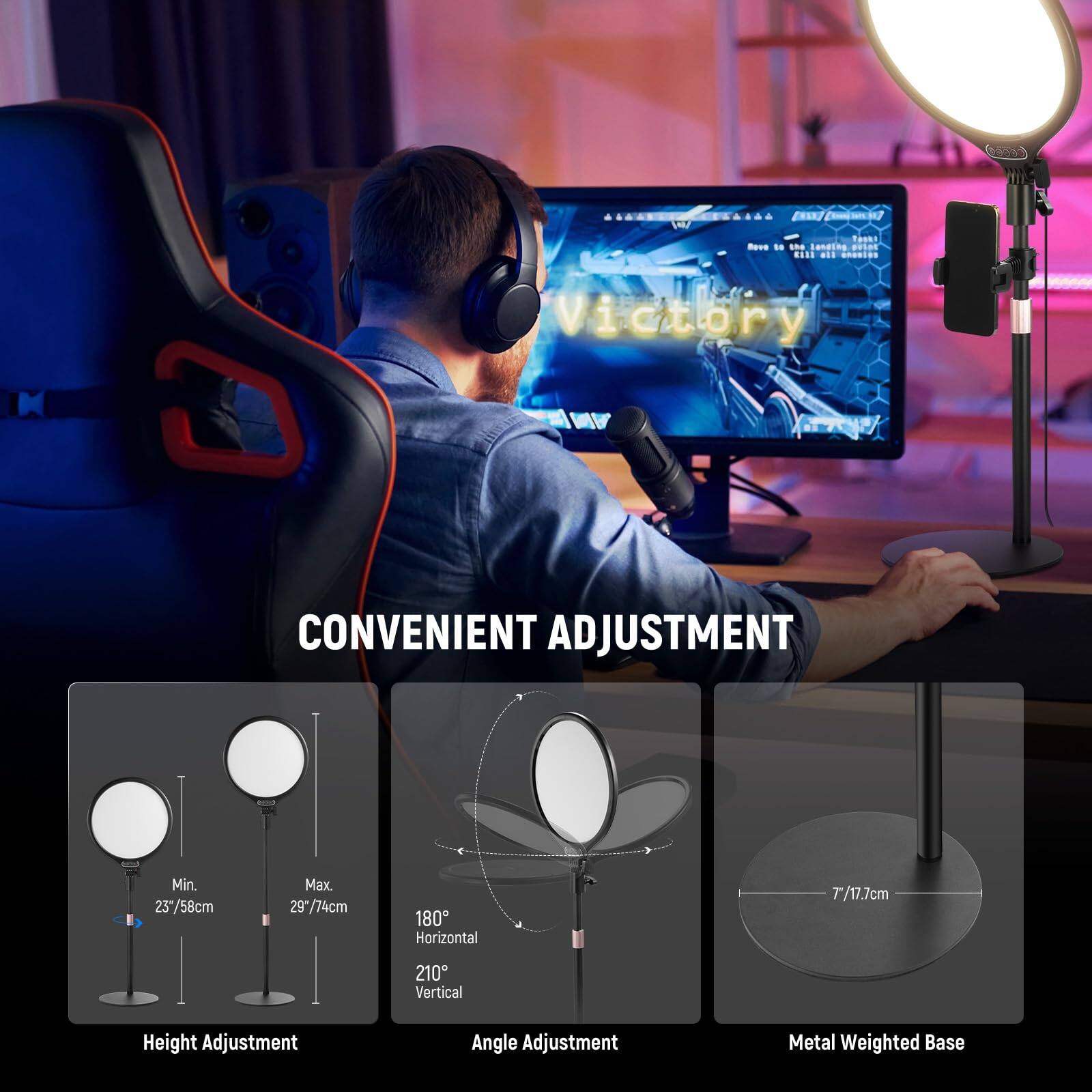 WE ... 1 FAddd pa  Tauks -. . .. samping BOR ...S ai. anaaids Victory

CONVENIENT ADJUSTMENT

Min. 237/58cm Max. 297/74cm

180 Horizontal 7/17.7cm

210 Vertical Height Adjustment

Angle Adjustment

Metal Weighted Base