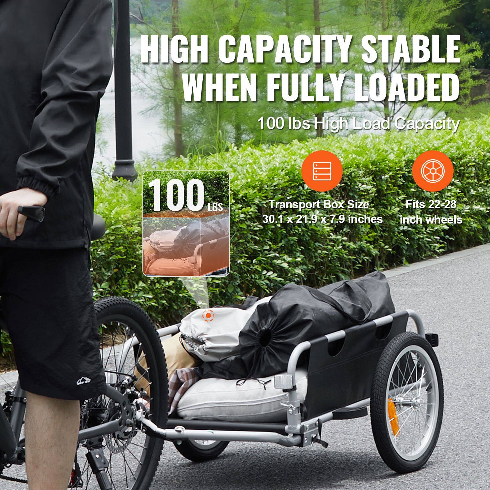 HIGH CAPACITY STABLE WHEN FULLY LOADED  
100 lbs High Load Capacity  
Transport Box Size: 30.1 x 21.9 x 7.9 inches  
Fits 22-28 inch wheels