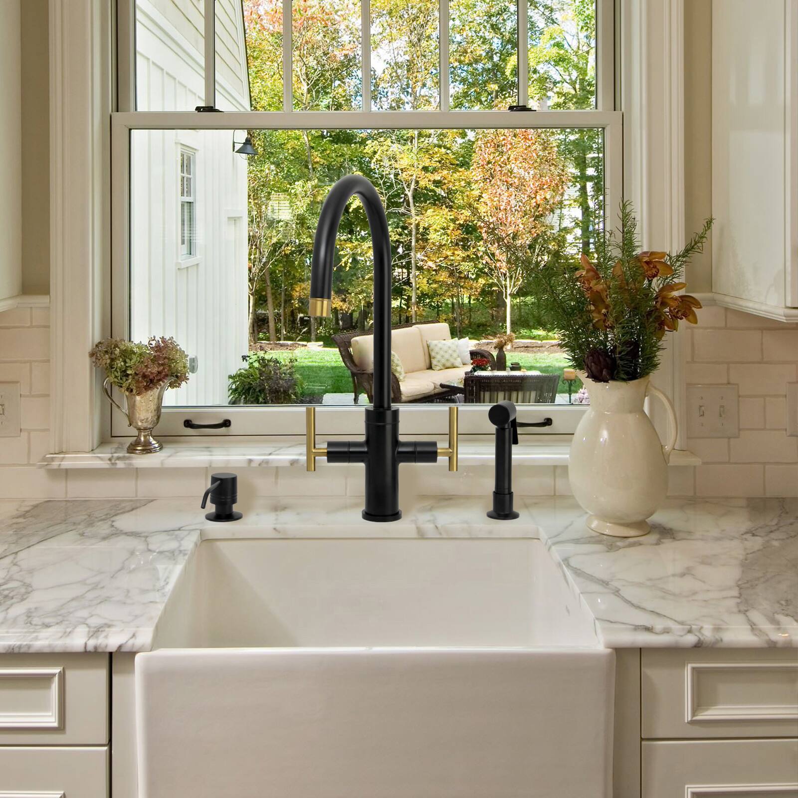 Alt View 4. Akicon - Akicon Two-Handles 360° Swivel Widespread Kitchen Faucet with Side Sprayer in Matte Black & Brushed Gold - Matte Black & Brushed Gold.