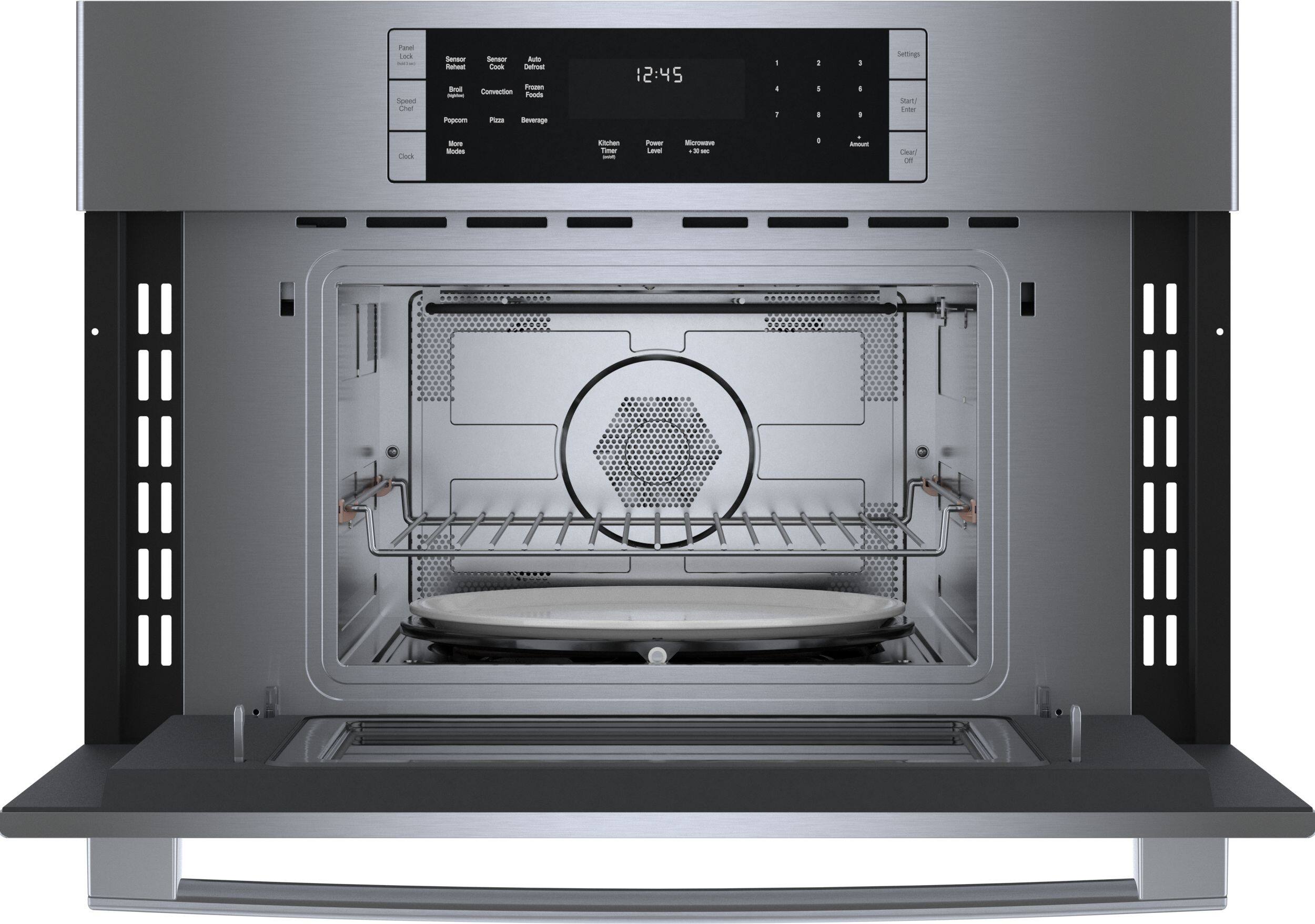 Sure, here is the corrected and grouped text from the image:

**Top Left Panel:**
- Panel Lock
- Unlock

**Top Center:**
- Speed Chef

**Top Right:**
- Clock

**Control Panel:**
- Sensor Reheat
- Sensor Cook
- Air Defrost
- Frozen Foods
- Popcorn
- Pizza
- Beverage
- Kitchen Timer
- Power Level
- Microwave + 30 sec
- More Modes
- Settings
- Start/Enter
- Clear/Off

**Time Display:**
- 12:45

**Right Side:**
- 1 2 3 4 5 6 7 8 9 0

**Bottom Center:**
- More
- Less

**Bottom Right:**
- Access

This text is organized based on the layout of the control panel and the oven's interface.