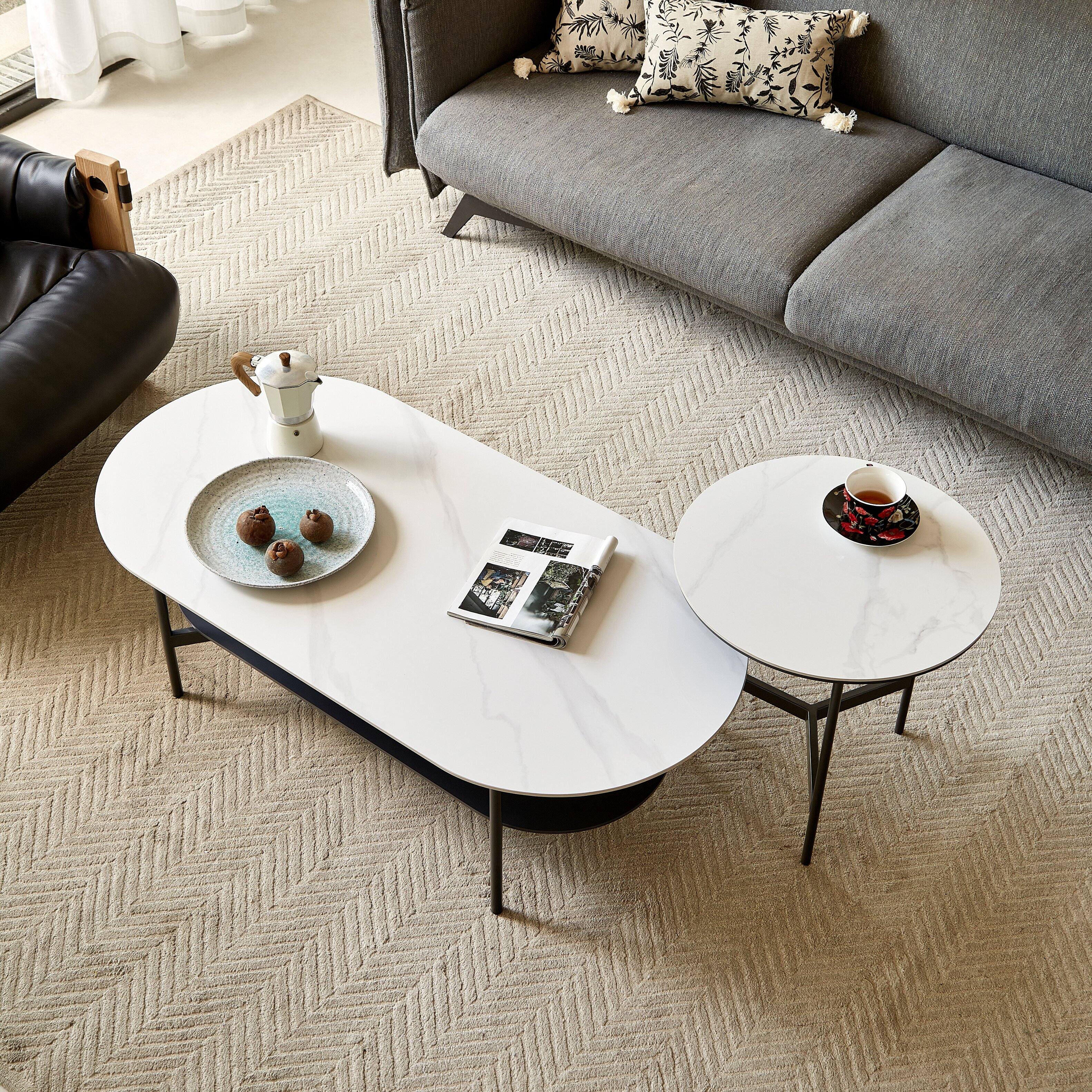 Back. Tiramisubest - Contemporary Coffee Table,Sintered Stone Surface with White Ceramic Finish,Double Layer,MDF Base Matte Dark Grey Shelf - White+gray.