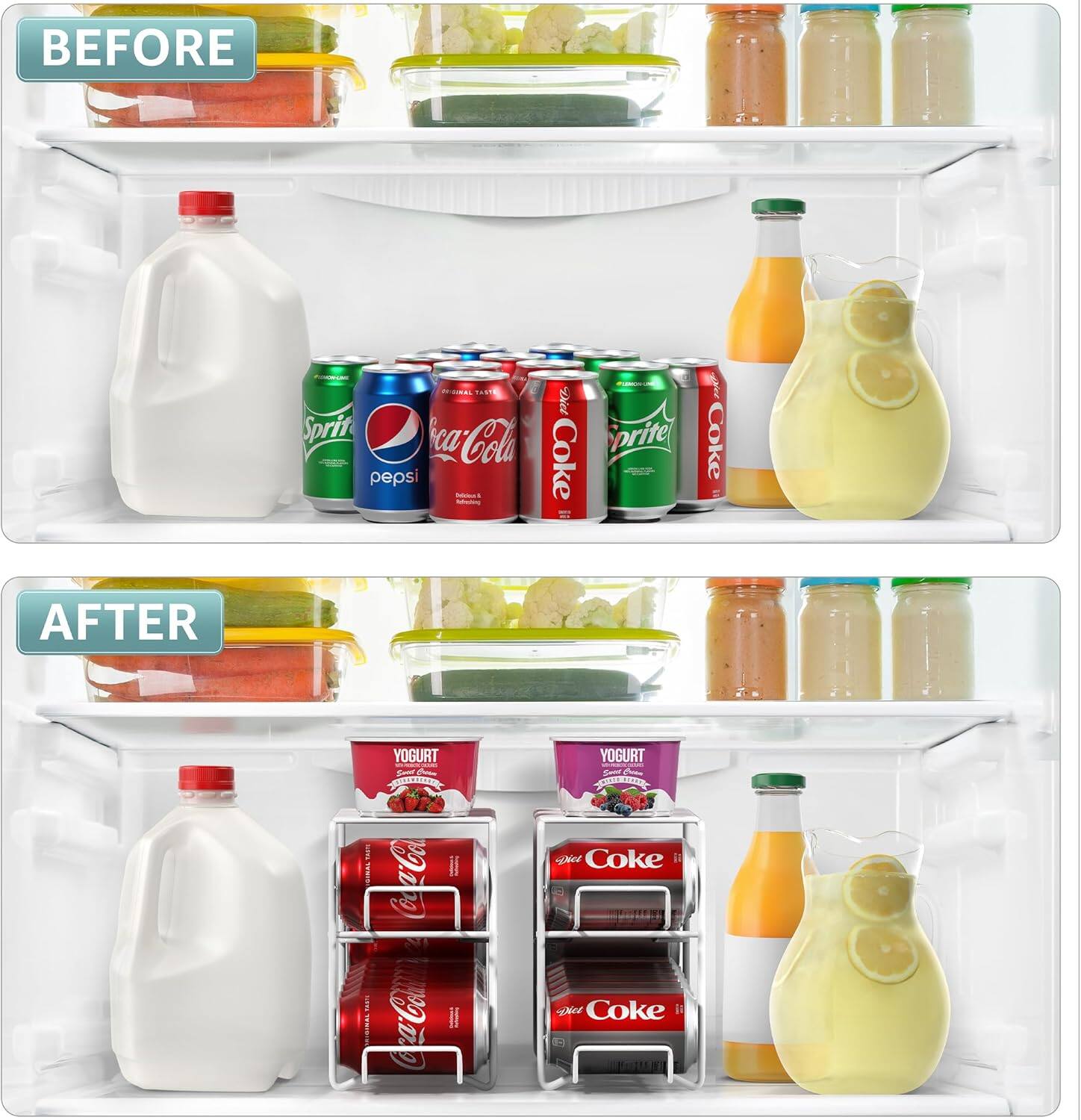 BEFORE

- Sprite
- Pepsi
- Coca-Cola
- Coca-Cola
- Coca-Cola
- Sprite
- Coca-Cola

AFTER

- Milk
- Coca-Cola (in a holder)
- Coca-Cola (in a holder)
- Yogurt
- Yogurt
- Orange juice
- Lemonade