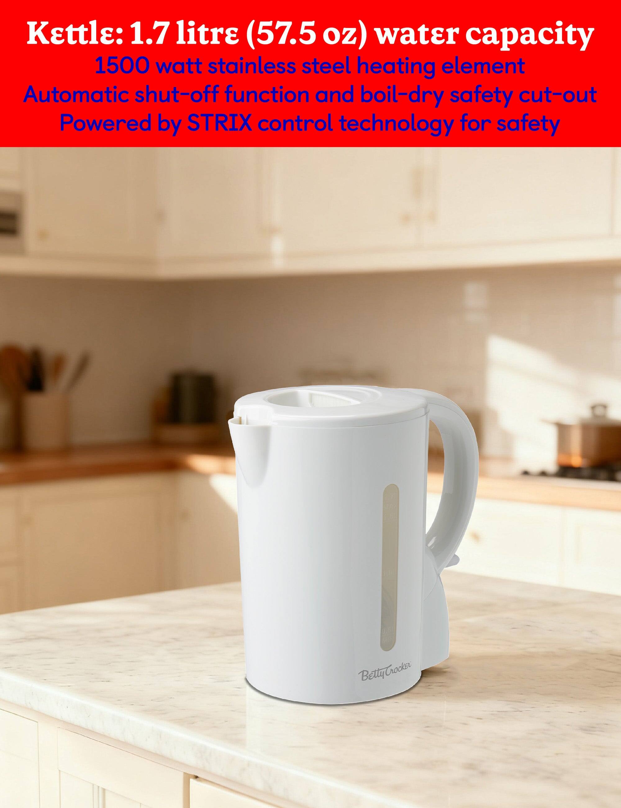 Kettle: 1.7 litre (57.5 oz) water capacity  
1500 watt stainless steel heating element  
Automatic shut-off function and boil-dry safety cut-out  
Powered by STRIX control technology for safety  

BettyCrocker