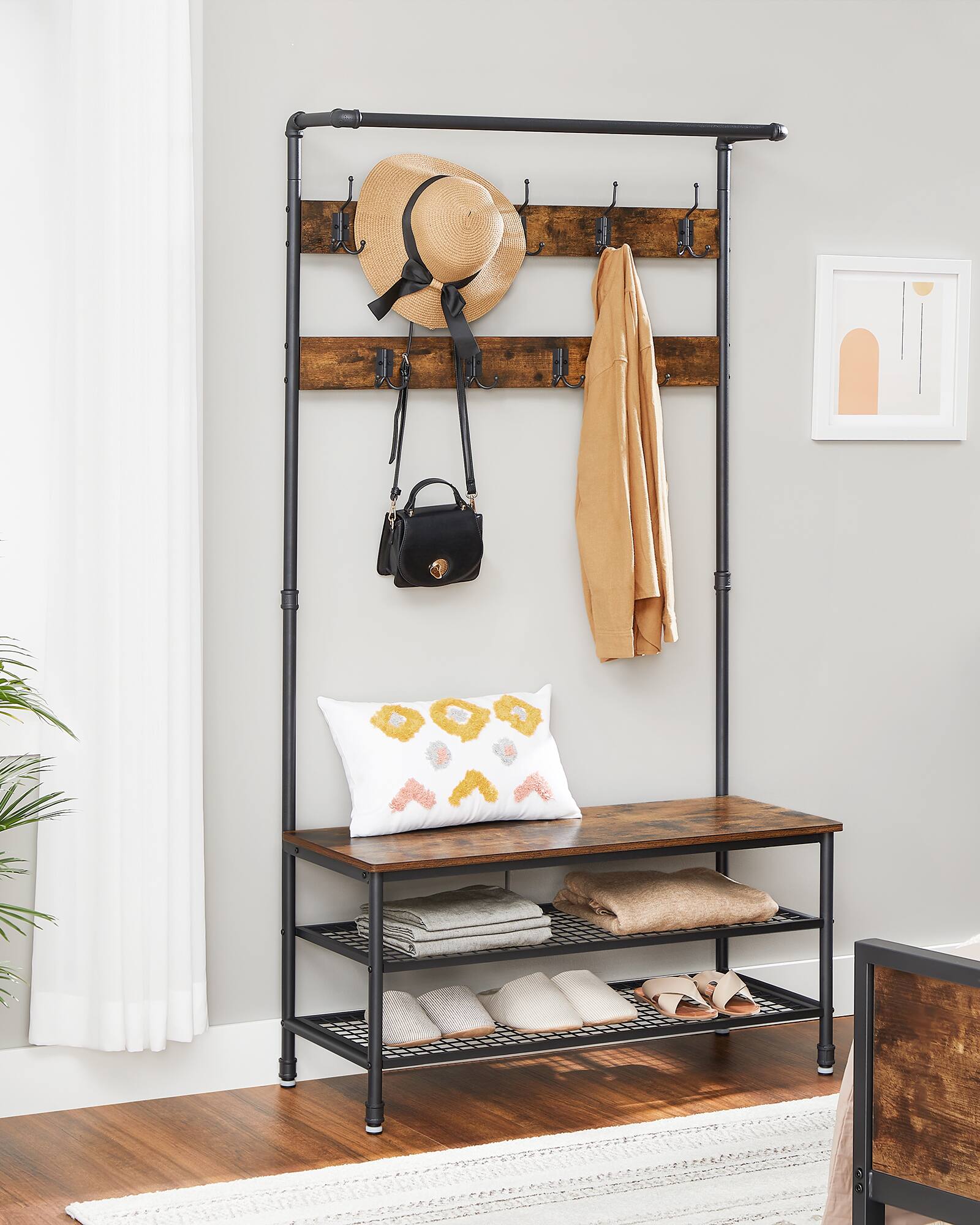 Back. Songmics Home - 3-in-1 Entryway Coat Rack and Storage Bench, Pipe Style Hall Tree with 9 Hooks, Multifunctional, Sturdy Steel Frame - Rustic Brown and Black.