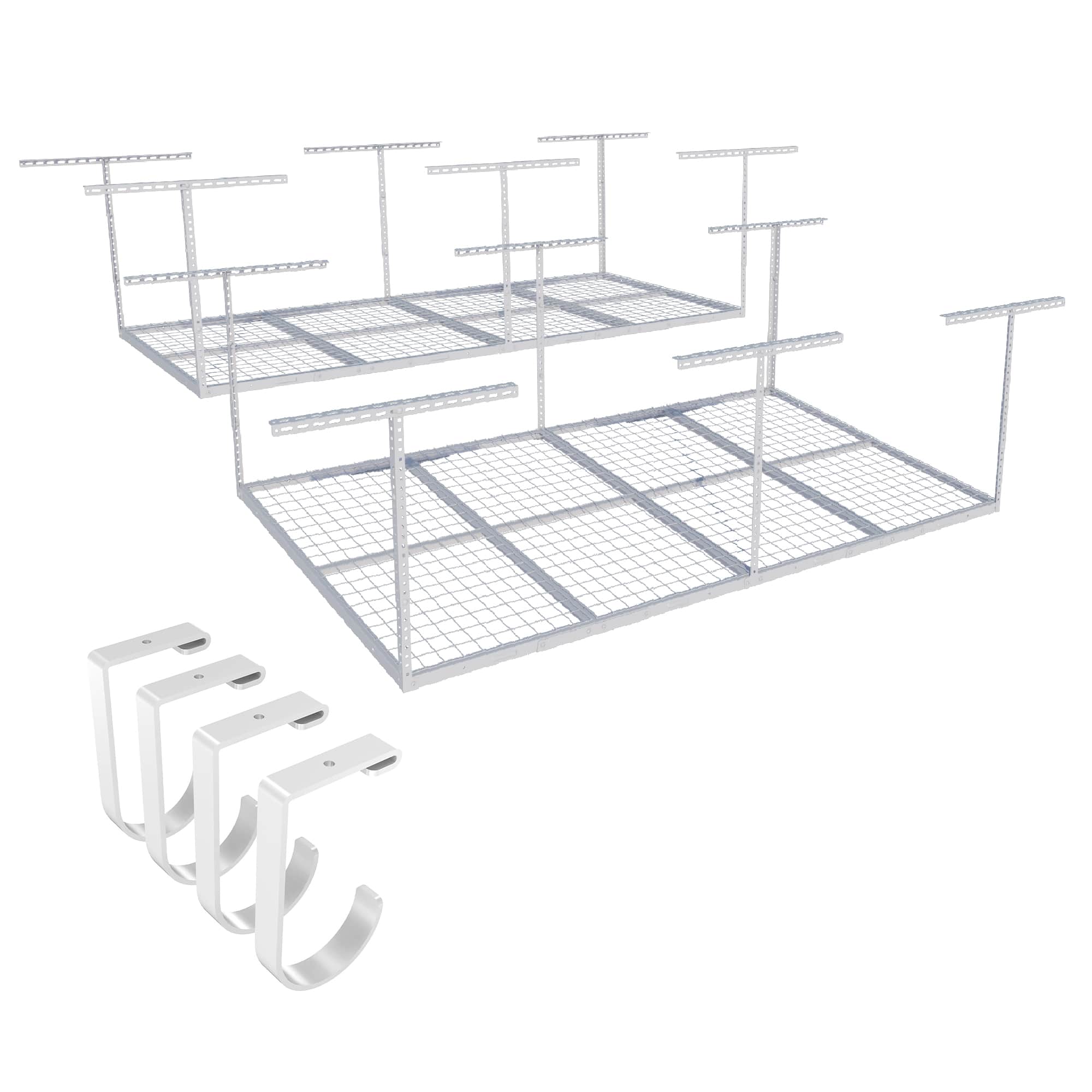 Front. Fleximounts - OHK Series 48 in. W x 96 in. D x 22-40 in. H Black Ceiling Mounted Overhead Garage Storage Rack with Accessory Hooks - White.