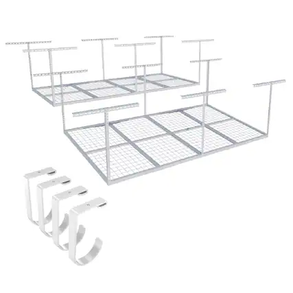 Front. Fleximounts - OHK Series 48 in. W x 96 in. D x 22-40 in. H Black Ceiling Mounted Overhead Garage Storage Rack with Accessory Hooks - White.