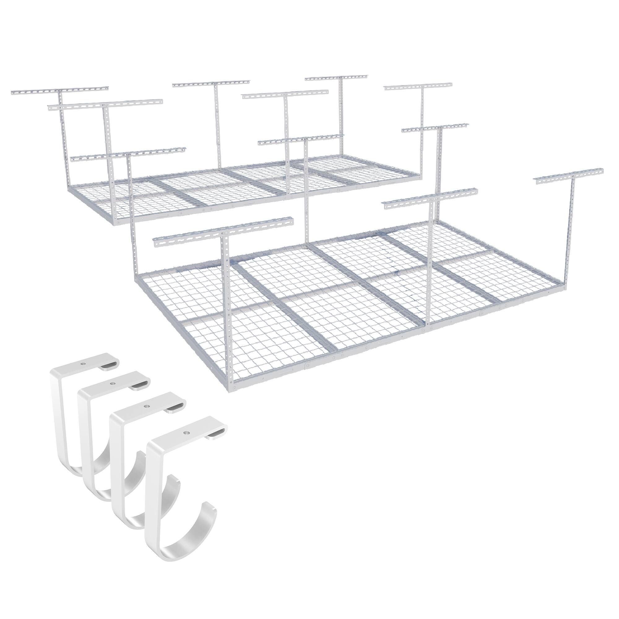 Fleximounts - OHK Series 48 in. W x 96 in. D x 22-40 in. H Black Ceiling Mounted Overhead Garage Storage Rack with Accessory Hooks - White