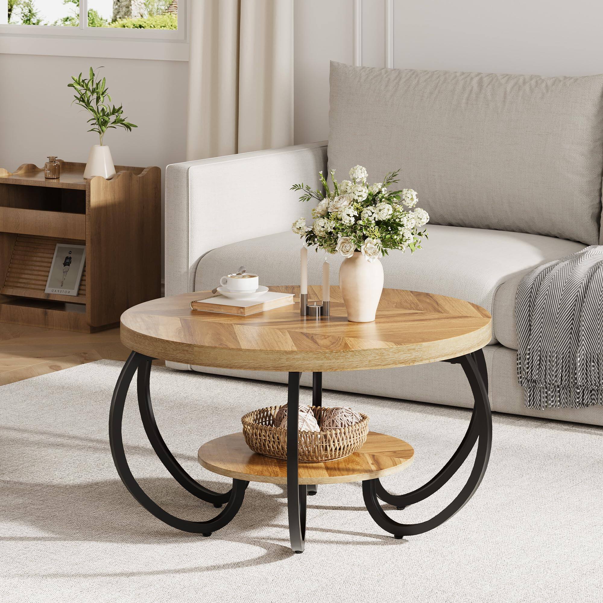 Alt View 1. Jojoka - 30 Inch Round Coffee Table with Storage Shelf, 2 Tier Wood Center Table with Curved Metal Legs - Natural.