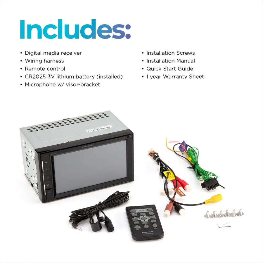 Includes: Digital media receiver, Installation Screws, Wiring harness, Installation Manual, Remote control, Quick Start Guide, CR2025 3V lithium battery (installed), 1 year Warranty Sheet, Microphone w/ visor-bracket.