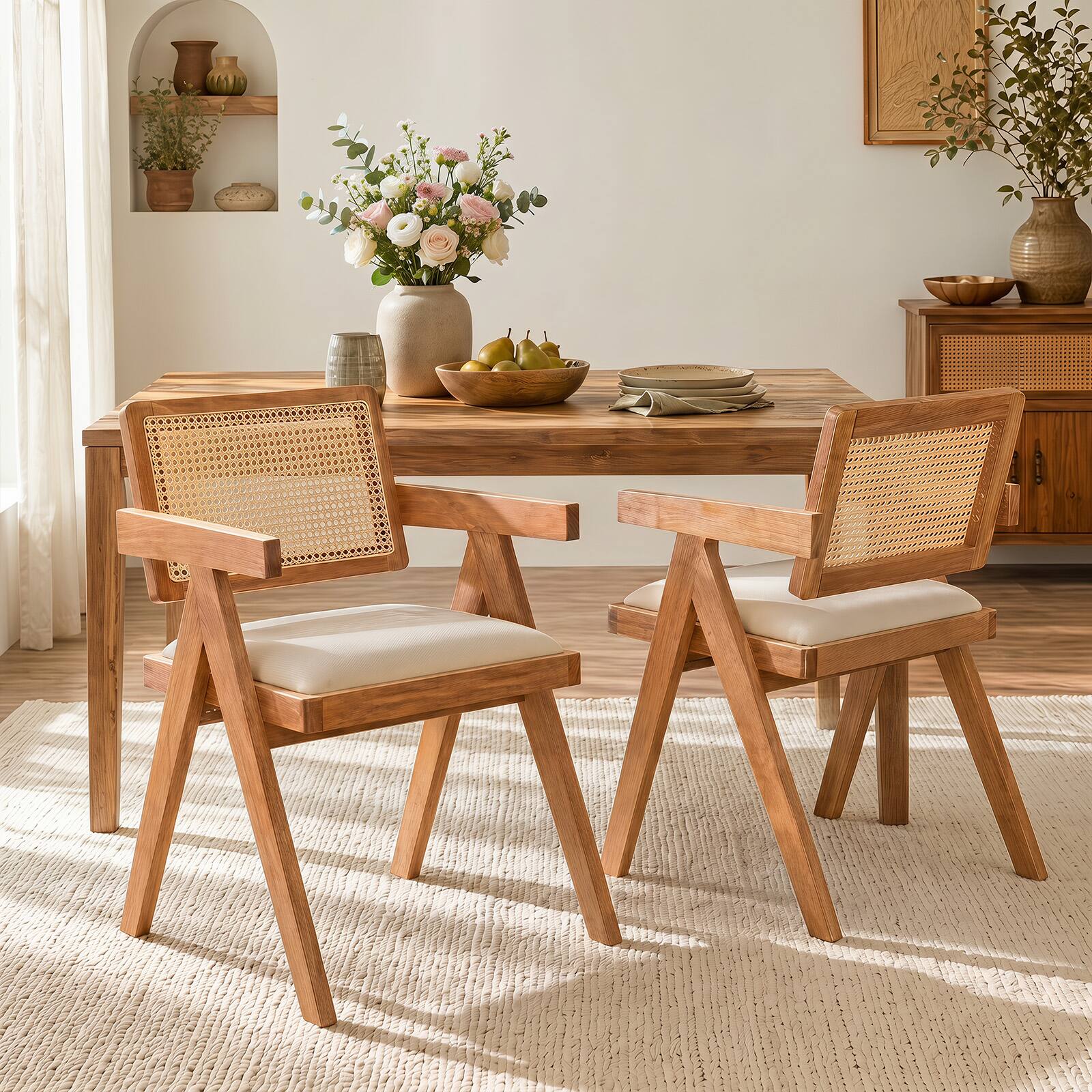 Alt View 1. Costway - Set of 4 Rattan Accent Chairs Fabric Dining Chairs Modern Living Room Chairs - Natural & Beige.