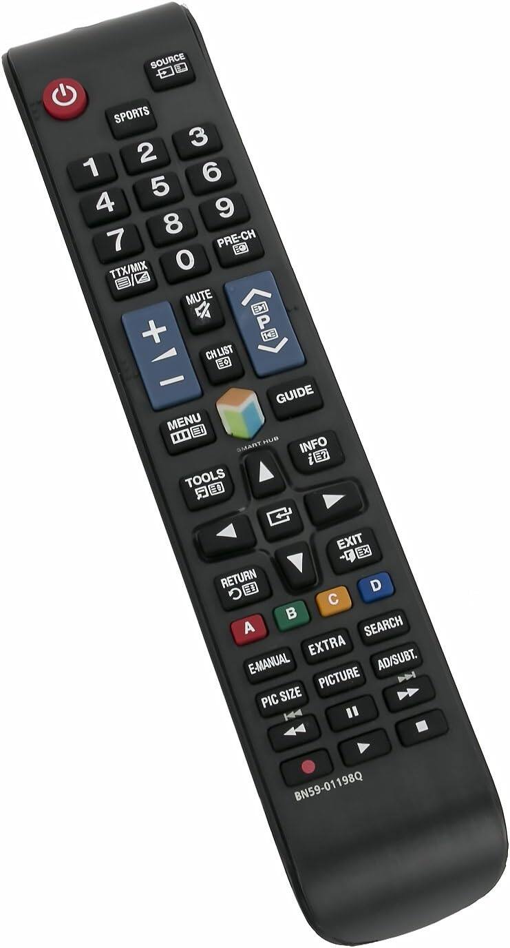 SOURCE SPORTS 3 2 1 6 5 4 9 8 7 PRE-CH EO TTX/MIX MUTE EM P + T CHLIST CH EO - GUIDE MENU HUB INFO GMANT E? TOOLS O 5 EXIT RETURN D A SEARCH EXTRA E-MANUAL AD/SUBT. PICTURE PIC SIZE BN59-01198Q