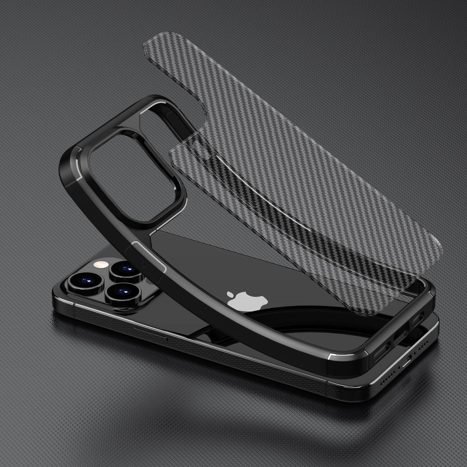 The image does not contain any text to group or correct. It shows a smartphone with a carbon fiber case.