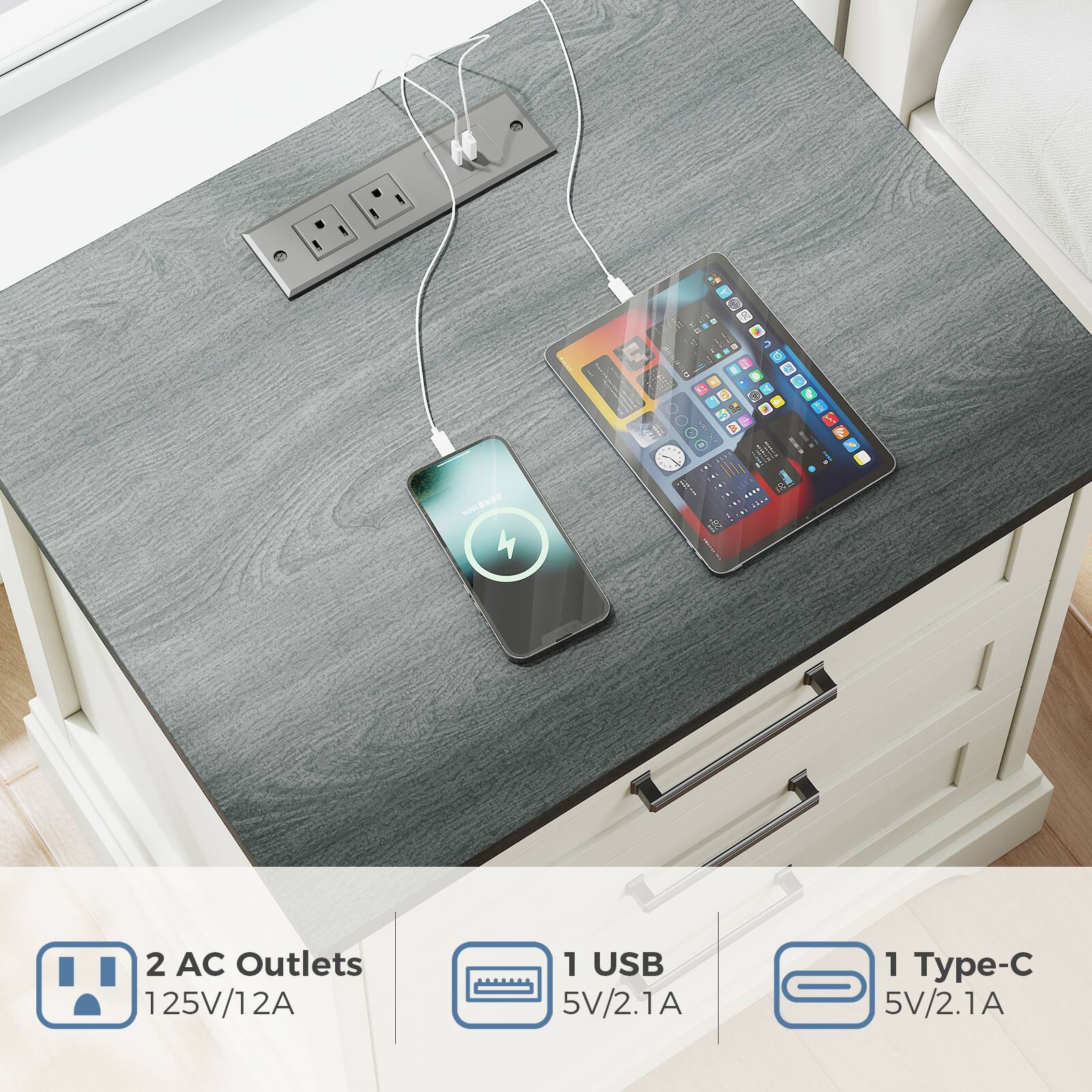 2 AC Outlets 125V/12A 1 USB 5V/2.1A 1 Type-C 5V/2.1A