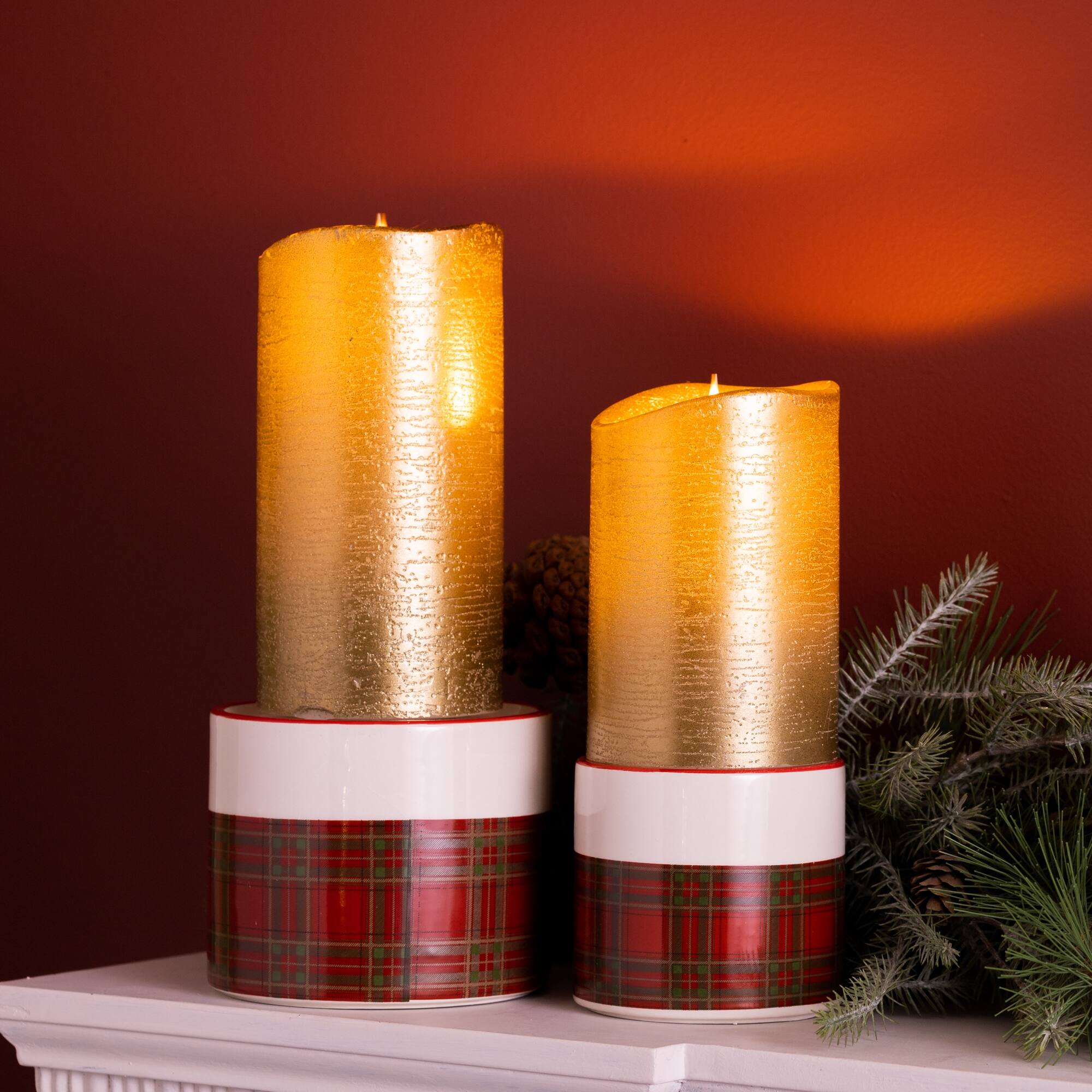Angle. BreeBe - Winter Plaid Ceramic Candle Holder (Set of 2) - Red, Black, White.