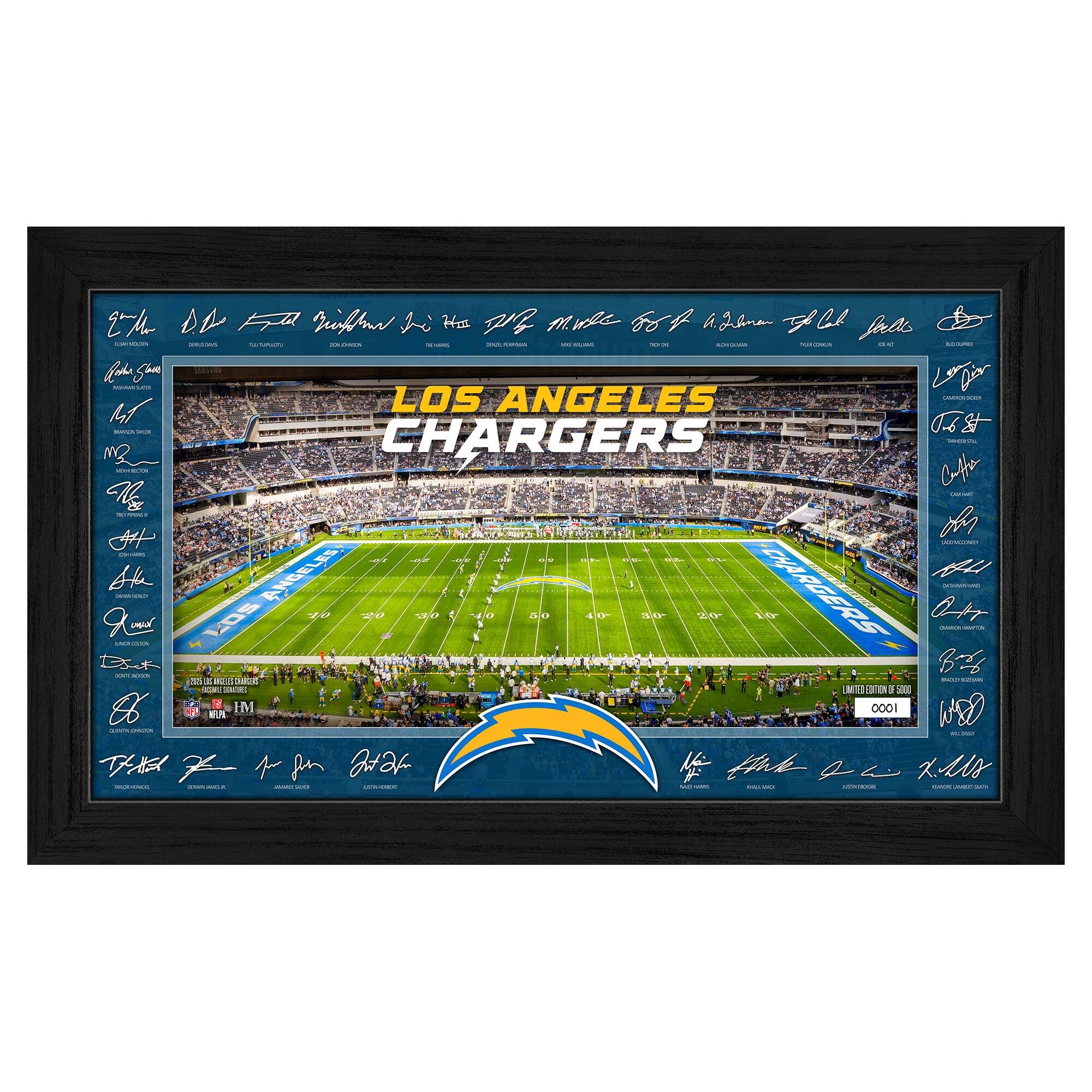 Sure, here is the corrected and grouped text from the image:

---

**Top Left Corner:**
- [Signature]
- [Name]
- [Position]
- [Number]

**Top Right Corner:**
- [Signature]
- [Name]
- [Position]
- [Number]

**Top Center:**
- LOS ANGELES CHARGERS

**Bottom Left Corner:**
- [Signature]
- [Name]
- [Position]
- [Number]

**Bottom Right Corner:**
- [Signature]
- [Name]
- [Position]
- [Number]

**Bottom Center:**
- [Signature]
- [Name]
- [Position]
- [Number]

**Bottom Center (Logo):**
- [Chargers Logo]

**Bottom Center (Text):**
- LIMITED EDITION OF 500
- 0001

**Bottom Center (Text):**
- [Signature]
- [Name]
- [Position]
- [Number]

**Bottom Center (Text):**
- [Signature]
- [Name]
- [Position]
- [Number]

**Bottom Center (Text):**
- [Signature]
- [Name]
- [Position]
- [Number]

**Bottom Center (Text):**
- [Signature]
-