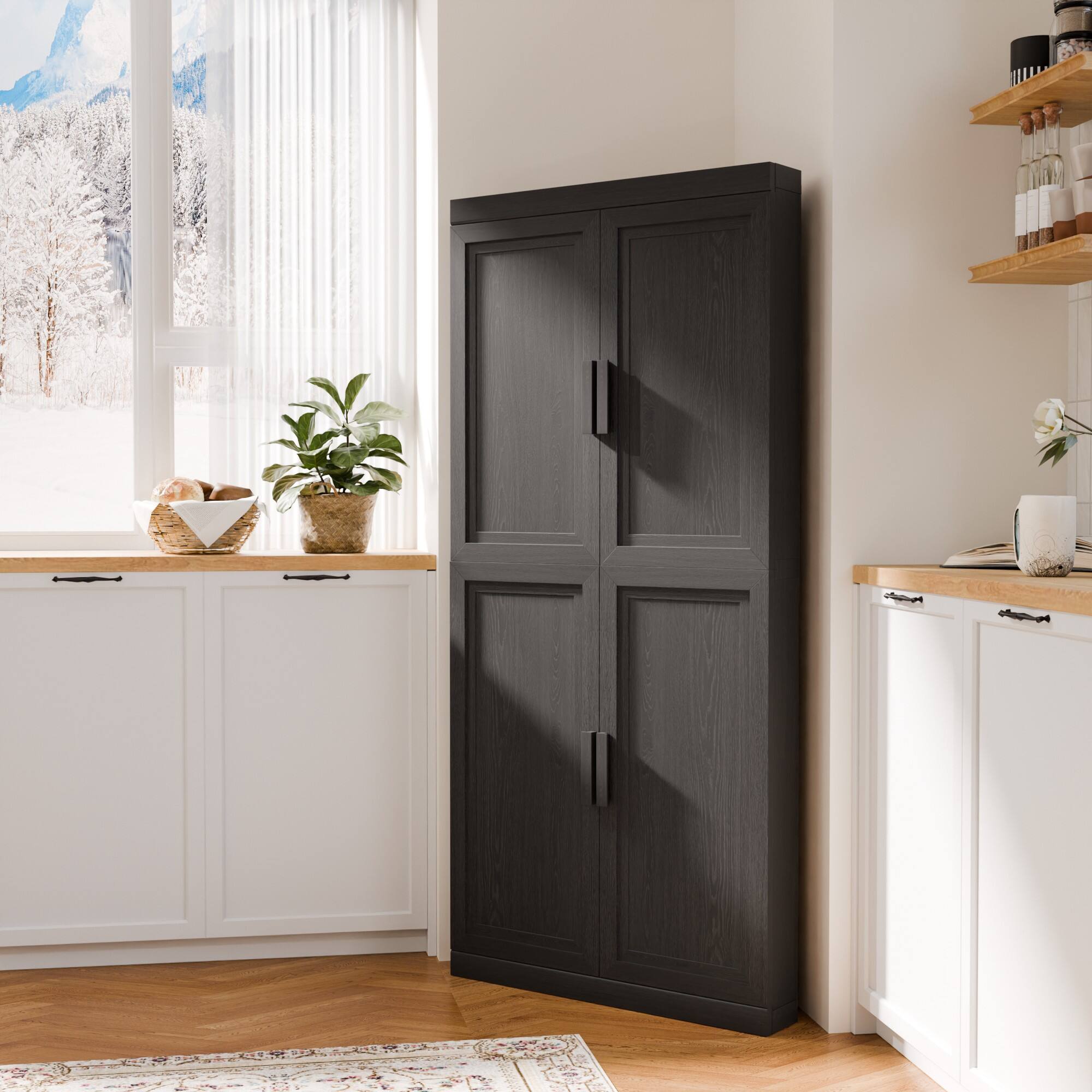 Alt View 2. PexFix - 67" Farmhouse Corner Accent Storage Cabinet with Solid Wood Doors and Adjustable Shelves for Space-Saving - Black.