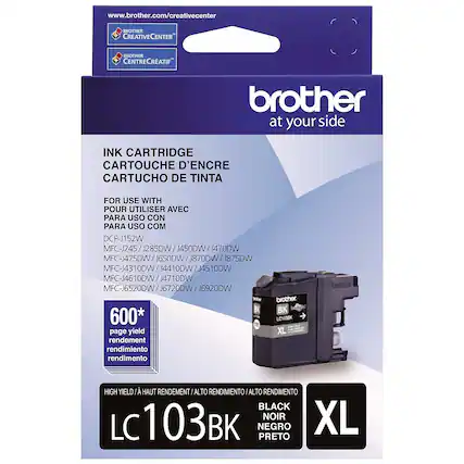 www.brother.com/creativecenter
BROTHER CREATIVECENTER
BROTHER CENTRECRATIF
brother at your side
INK CARTRIDGE
CARTOUCHE D'ENCRE
CARTUCHO DE TINTA
FOR USE WITH
POUR UTILISER AVEC
PARA USO CON
PARA USO COM
DCP-J152W
MFC-J245 / J285DW / J450DW / J470DW
MFC-J475DW / J650DW / J870DW / J875DW
MFC-J4310DW / J4410DW / J4510DW
MFC-J4610DW / J4710DW
MFC-J6520DW / J6720DW / J6920DW
600* page yield
rendement
rendimiento
rendimento
HIGH YIELD / HAUT RENDEMENT / ALTO RENDIMIENTO / ALTO RENDIMENTO
LC103BK
BLACK / NOIR / NEGRO /