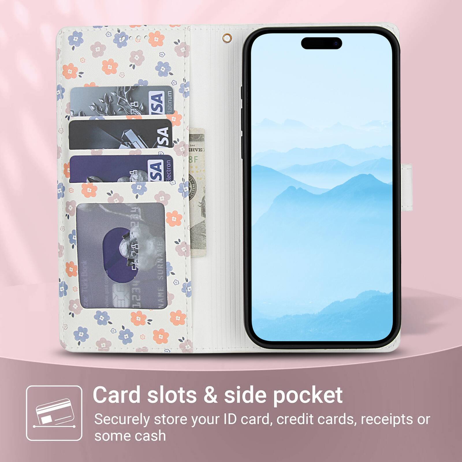 Card slots & side pocket  
Securely store your ID card, credit cards, receipts or some cash