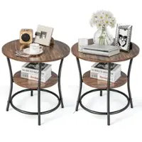 Costway 2 PCS 2-Tier Sofa Side End Table Round Nightstand with Sturdy Metal Frame - Brown - Front_Zoom