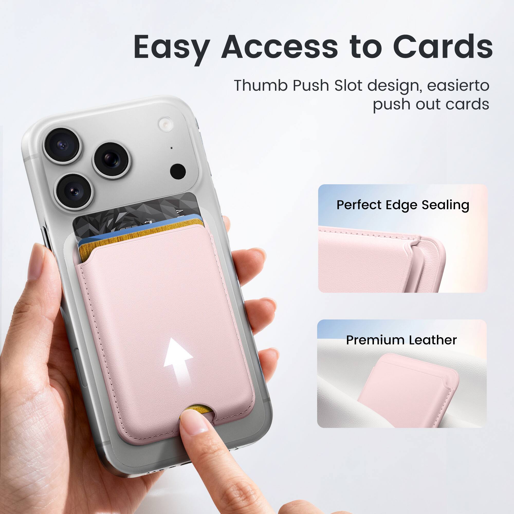 Easy Access to Cards  
Thumb Push Slot design, easier to push out cards  

Perfect Edge Sealing  

Premium Leather