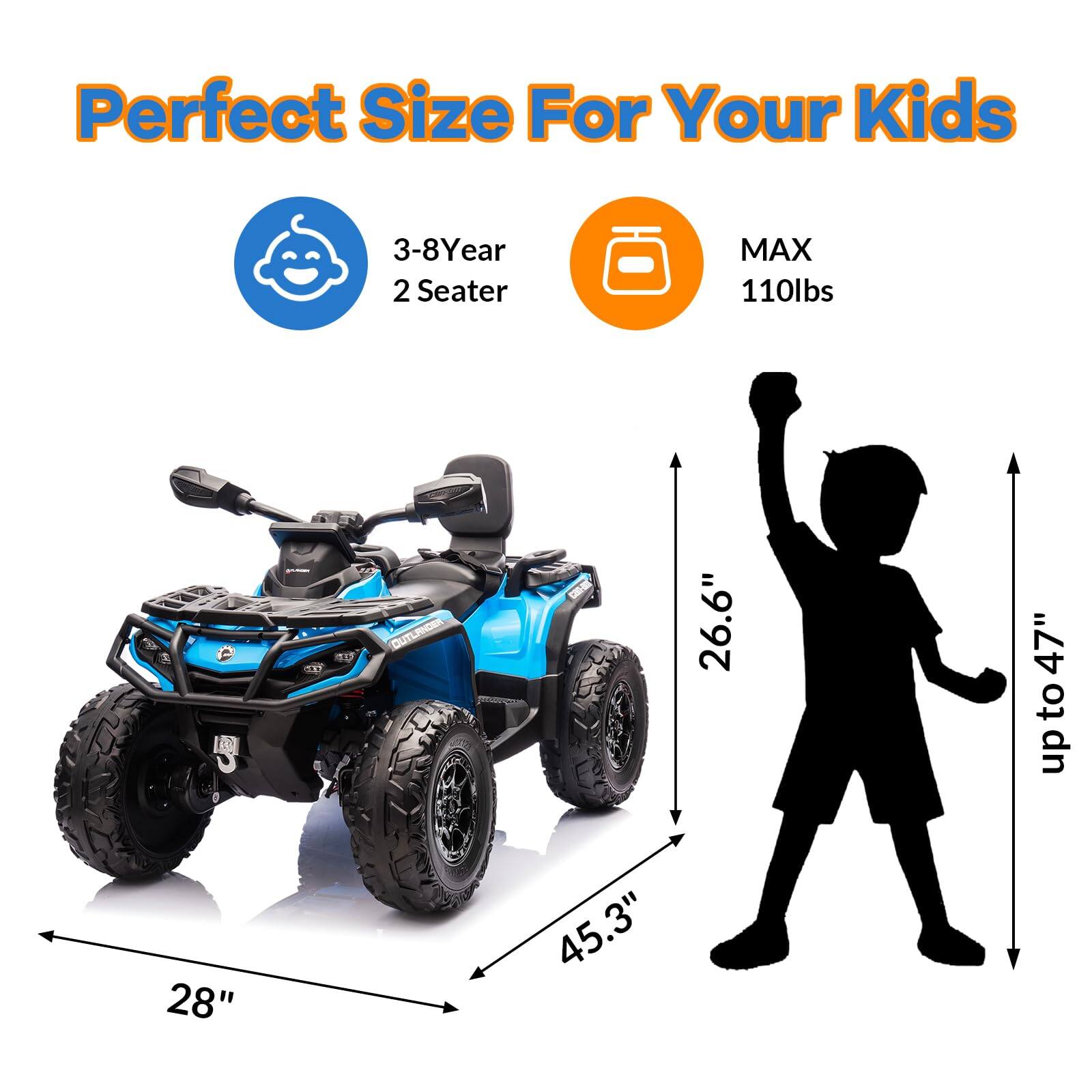 Perfect Size For Your Kids

- 3-8 Year
- 2 Seater
- MAX 110lbs

Dimensions:
- 26.6" (height)
- 28" (width)
- 45.3" (length)
- up to 47" (height of child silhouette)