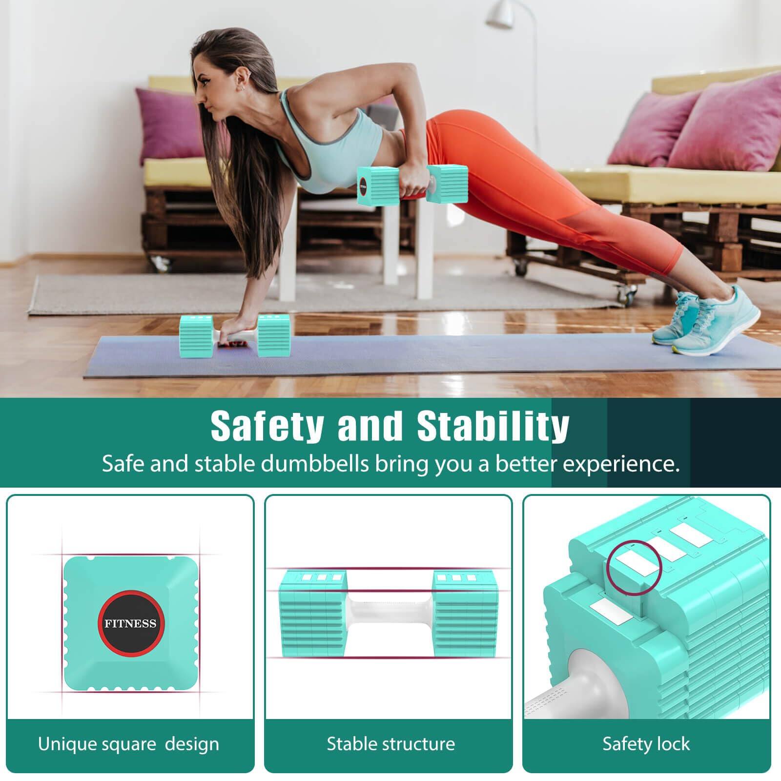 Safety and Stability  
Safe and stable dumbbells bring you a better experience.  

Unique square design  
Stable structure  
Safety lock