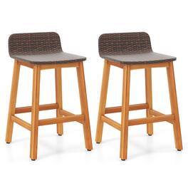 Gymax - Solid Acacia Wood Bar Stools Set of 2 Rattan Bar Height Patio Chairs for Porch - Natural