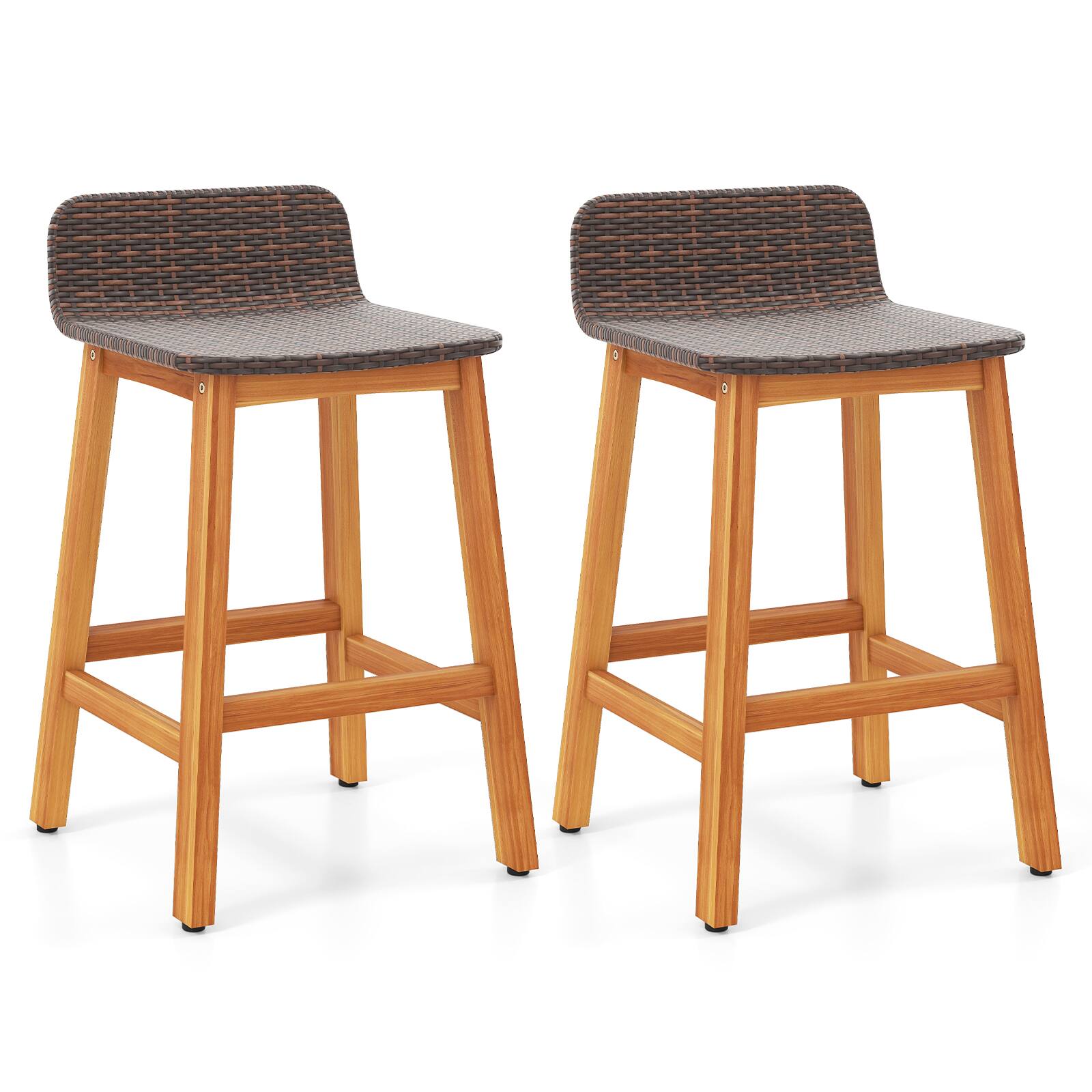 Front. Gymax - Gymax Solid Acacia Wood Bar Stools Set of 2 Rattan Bar Height Patio Chairs for Porch - Natural.